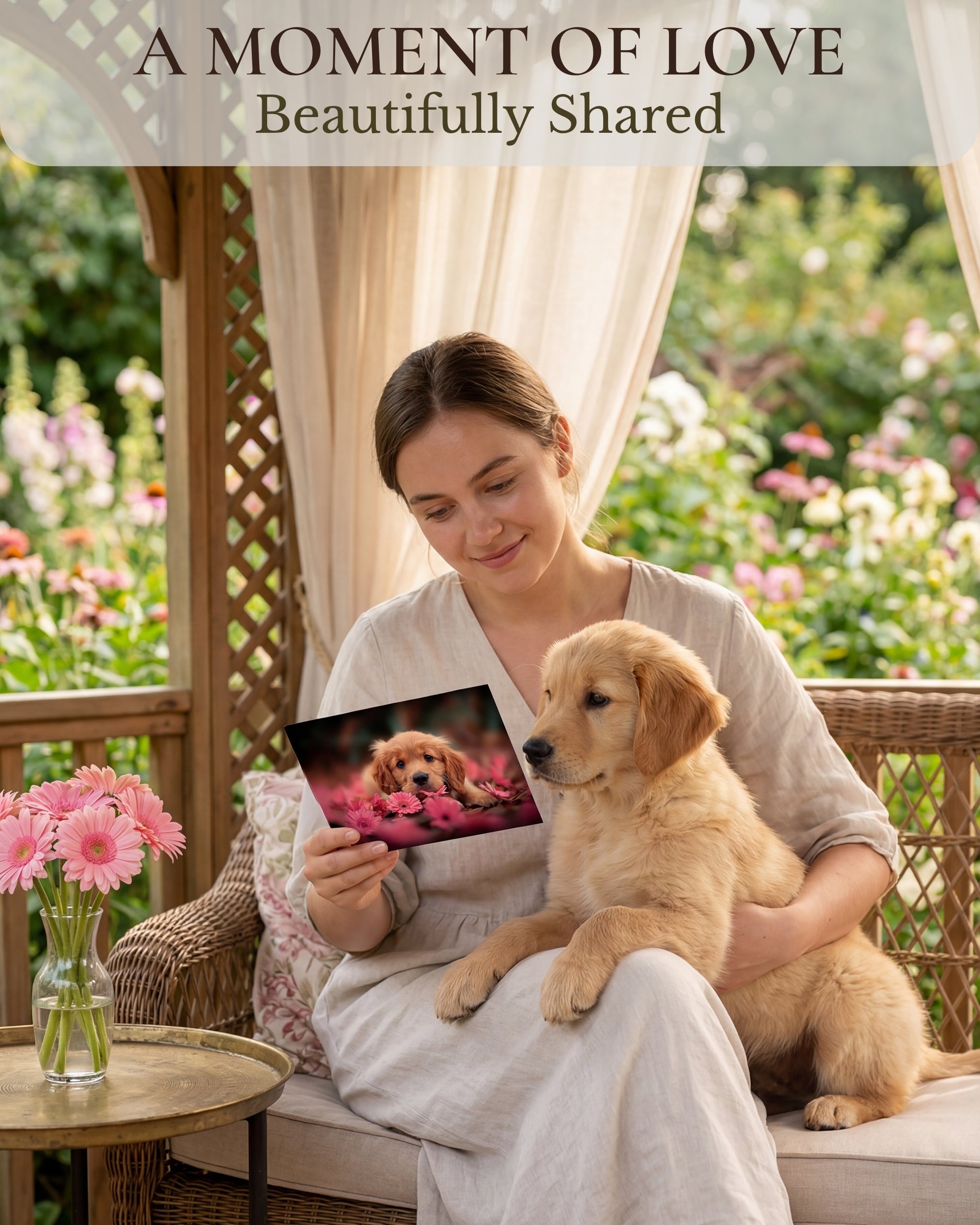 Golden Retriever Puppy with Pink Flowers All Occasions Greeting Card from Unique Dogs Party Delights Collection Large 5x7 Inch Blank Inside with Envelope