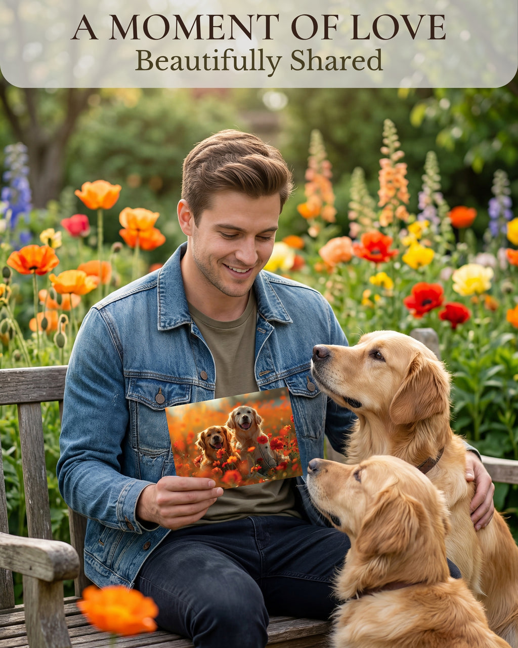 Golden Retrievers in Flower Garden All Occasions Greeting Card from Unique Dogs Party Delights Collection Large 5x7 Inch Blank Inside with Envelope