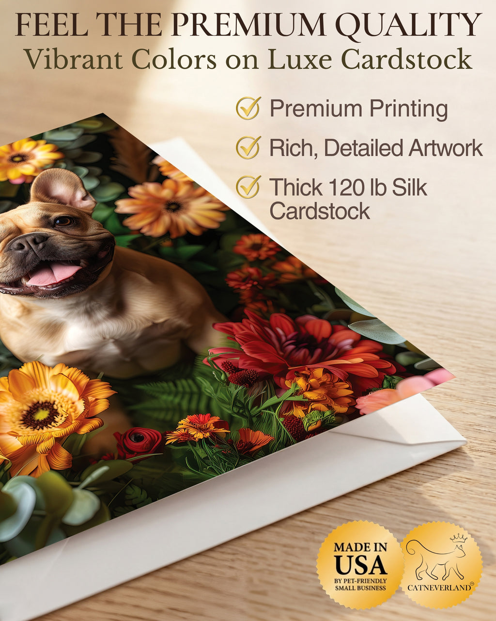 French Bulldog with Flowers All Occasions Greeting Card - Dog with Flowers from Unique Dogs Party Delights Collection - Large 5x7 Inch - Blank Inside with White Envelope