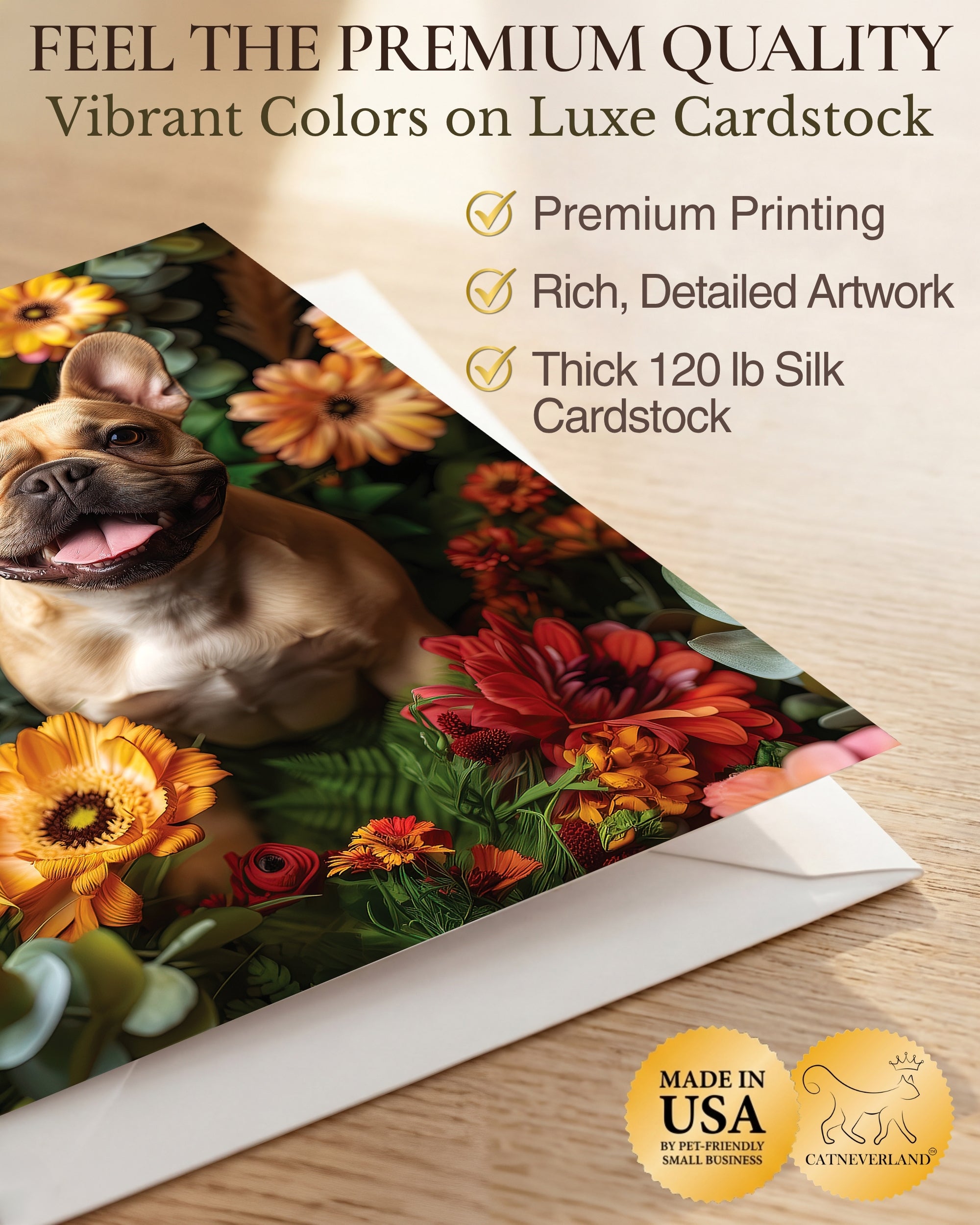 French Bulldog with Flowers All Occasions Greeting Card - Dog with Flowers from Unique Dogs Party Delights Collection - Large 5x7 Inch - Blank Inside with White Envelope