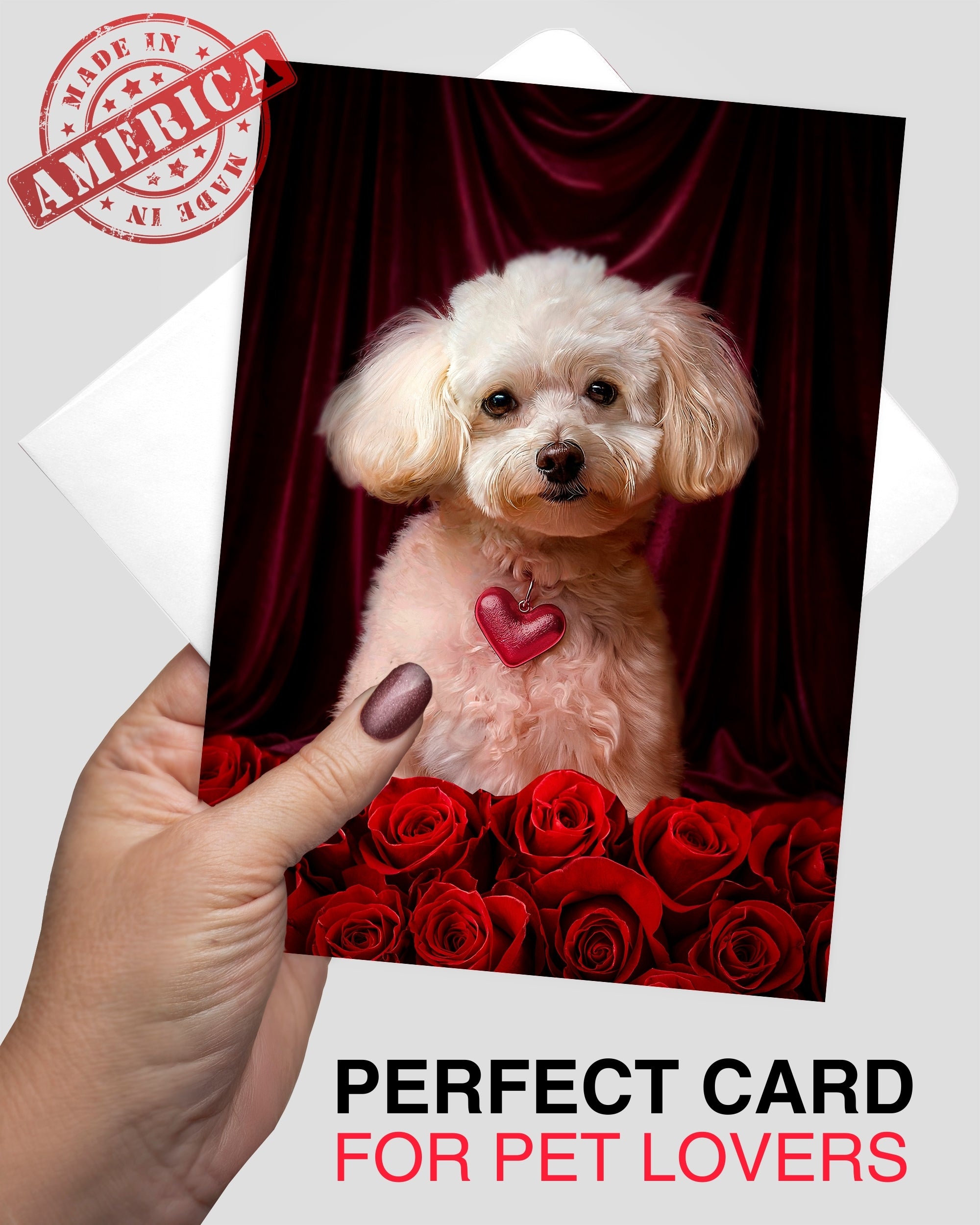 White Poodle with Roses Greeting Card for Anniversary, Birthday, Sweet Sixteen, Mother's Day & Valentines Day – Elegant Dog Lover Card, Blank Inside, Premium 5x7 Card with Red Envelope, Made in USA, Celebrate Collection