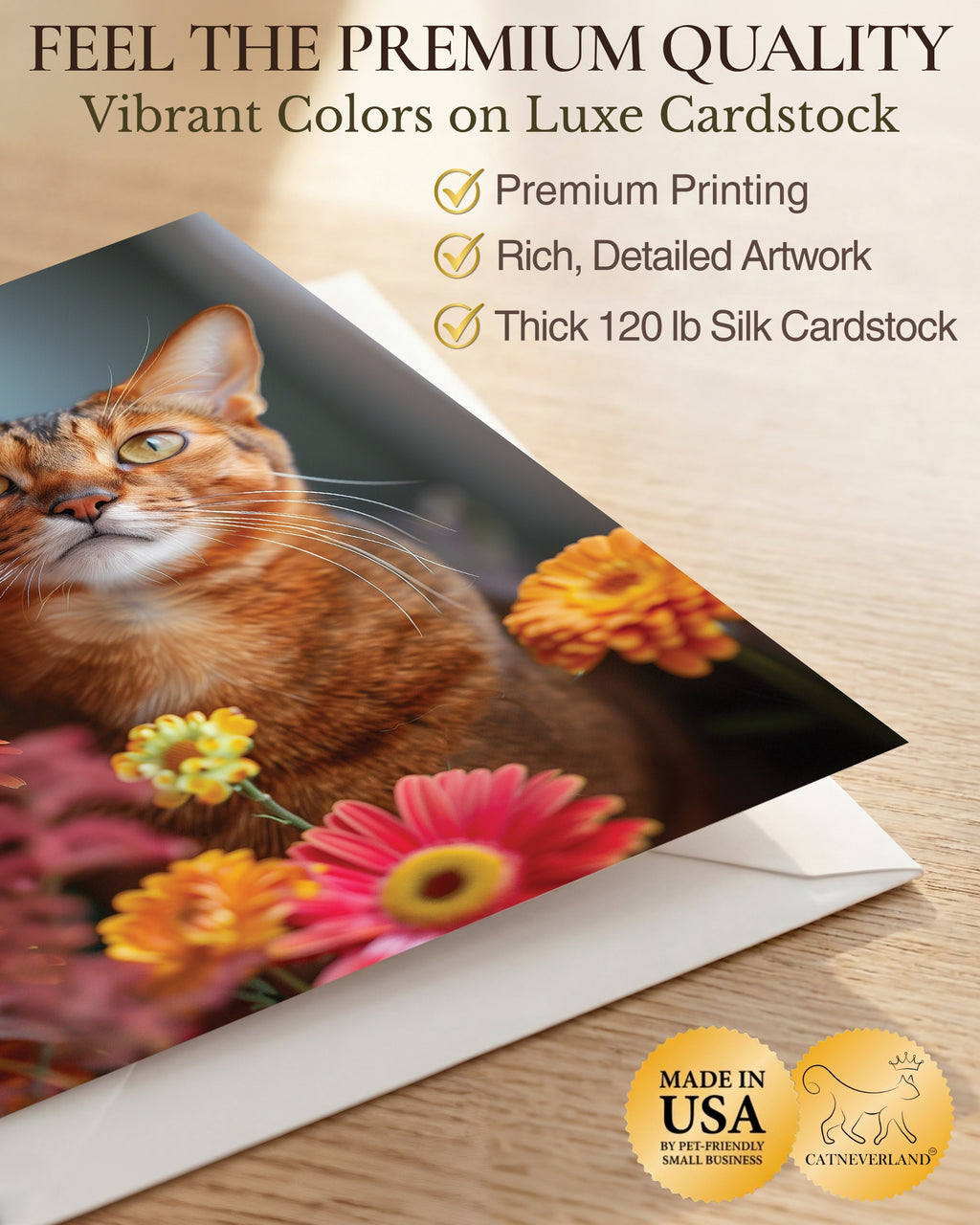 Abyssinian Cat Greeting Card 5x7 Inch, Any Occasion from Cats with Flowers Collection Premium Cardstock Blank Inside White Envelope Included Great Gift for Cat Lovers