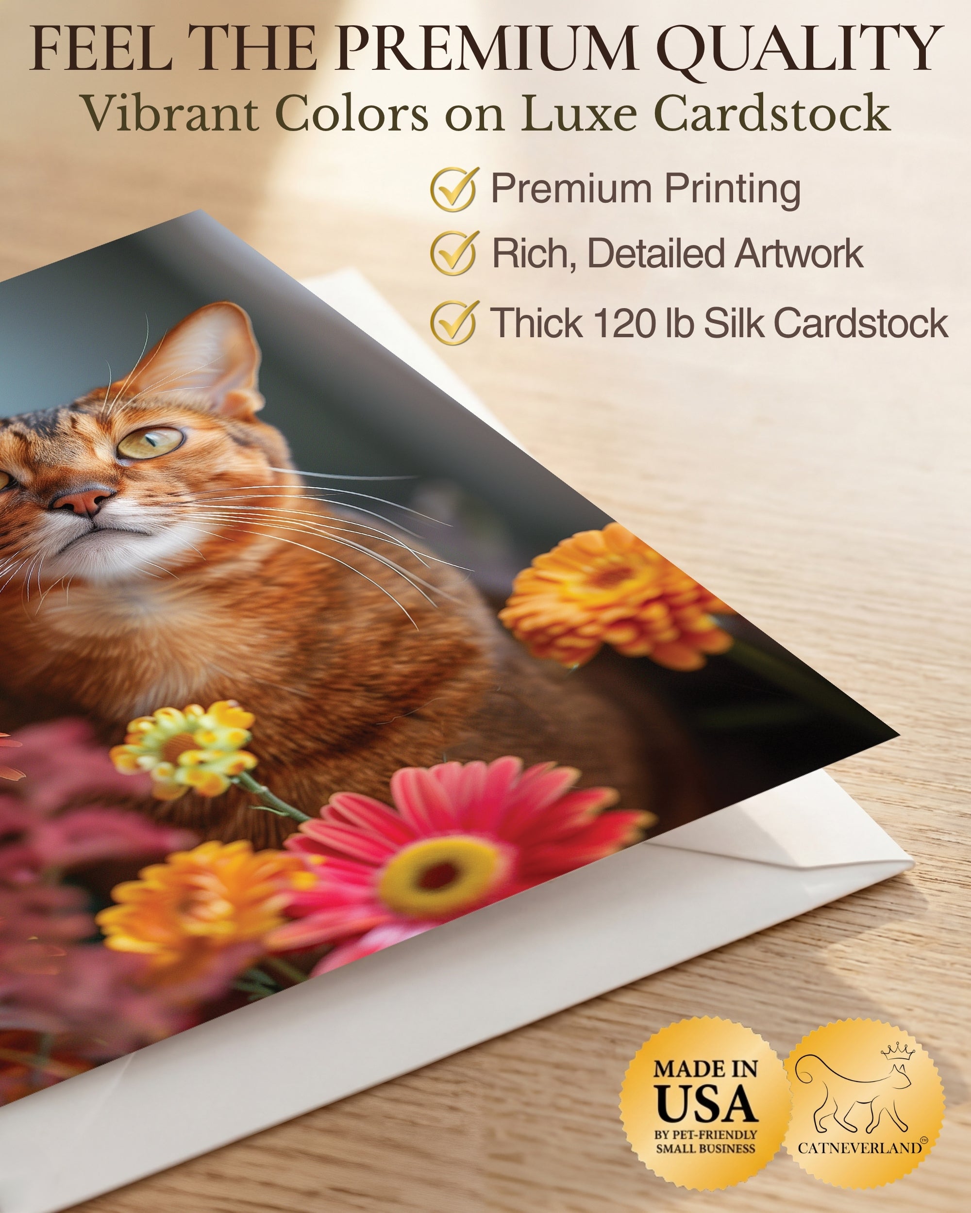 Abyssinian Cat Greeting Card 5x7 Inch, Any Occasion from Cats with Flowers Collection Premium Cardstock Blank Inside White Envelope Included Great Gift for Cat Lovers