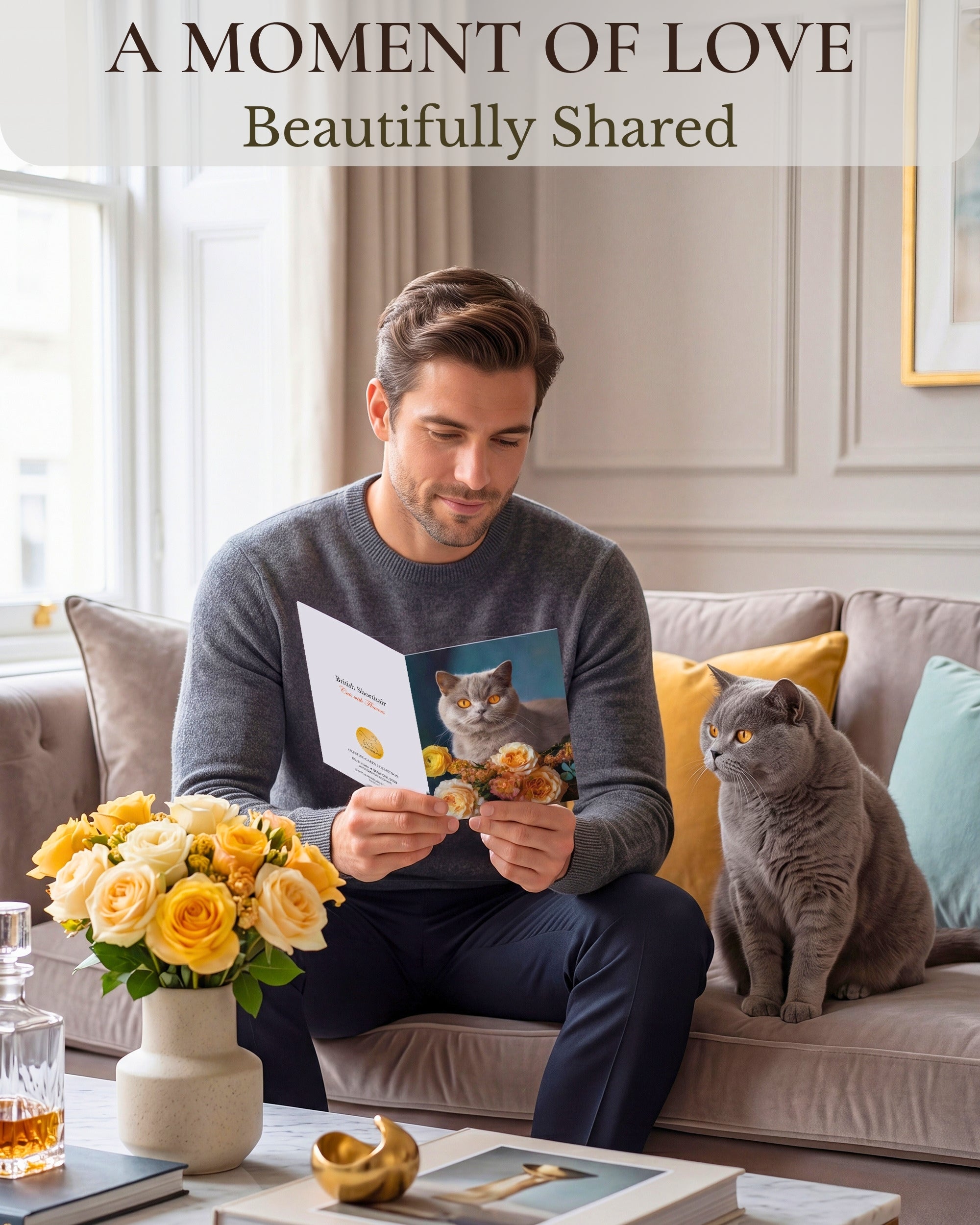 British Shorthair Cat Greeting Card 5x7 Inch Any Occasion Cats with Flowers Collection Premium Cardstock Blank Inside White Envelope Included Great Gift for Cat Lovers