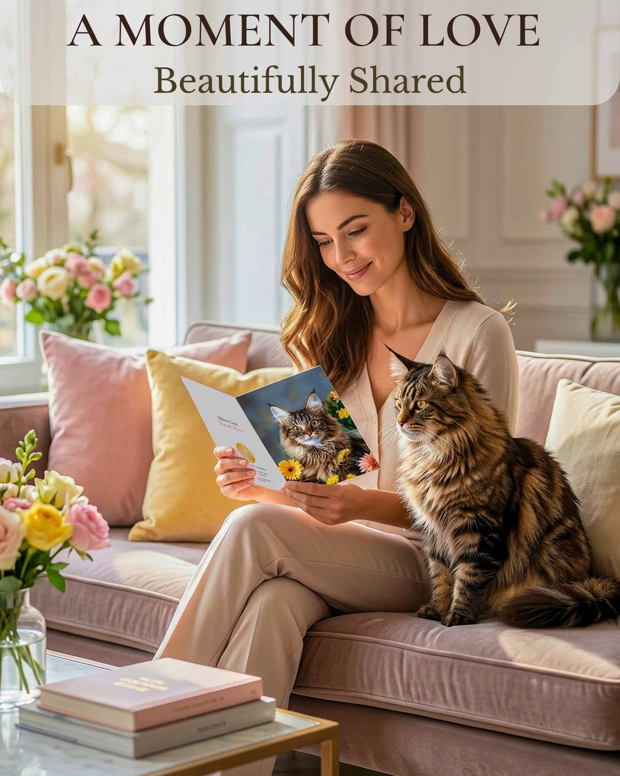 Maine Coon Cat Greeting Card 5x7 Inch Any Occasion from Cats with Flowers Collection Premium Cardstock Blank Inside White Envelope Great Gift for Cat Lovers