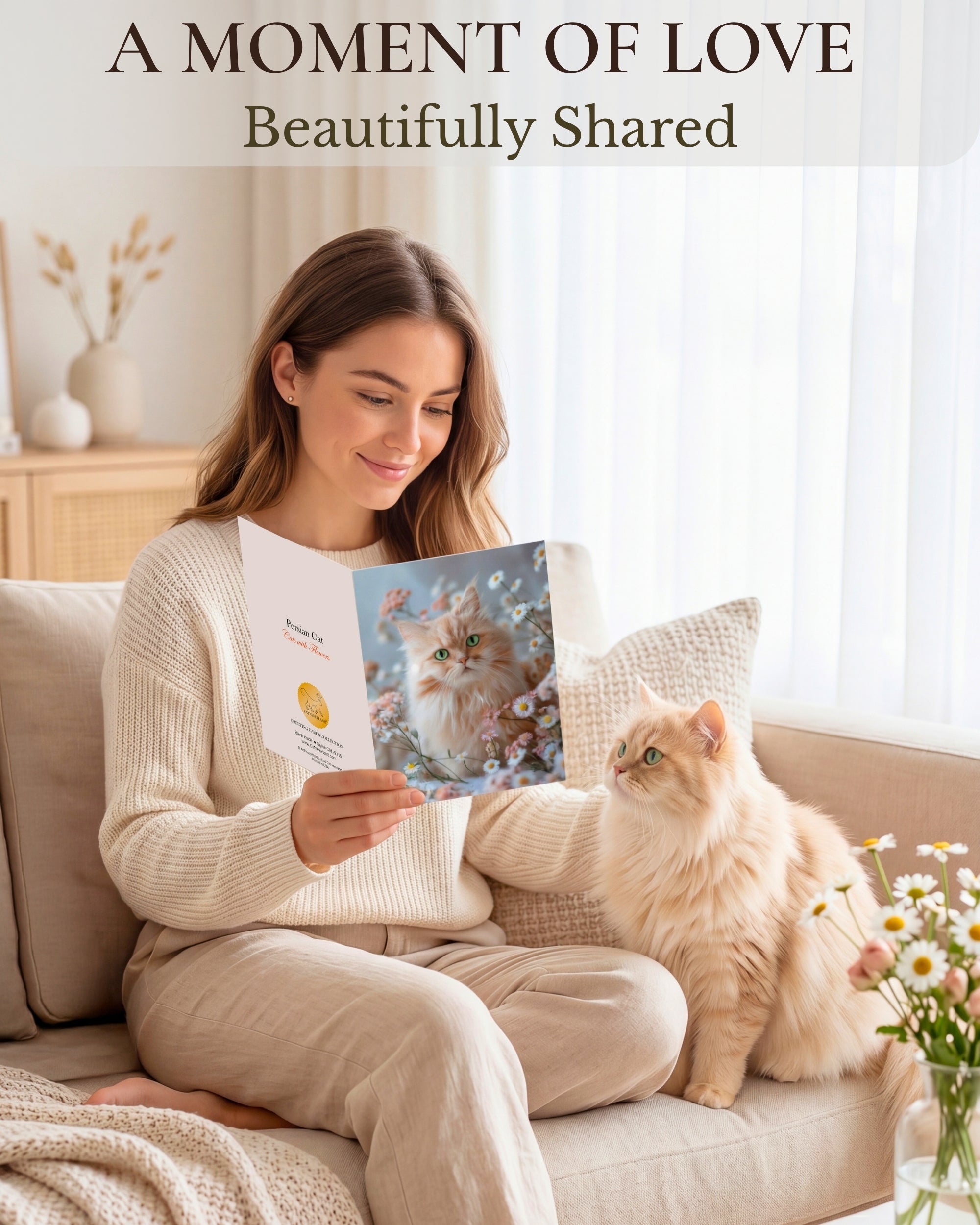 Persian Cat Greeting Card 5x7 Inch Any Occasion from Cats with Flowers Collection Premium Cardstock Blank Inside White Envelope Great Gift for Cat Lovers