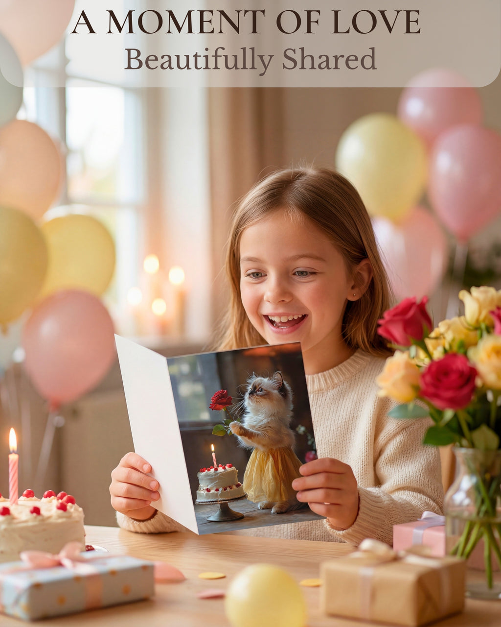 Happy Birthday Ragdoll Kitten Greeting Card Cute Cat in Dress with Cake and Rose – Blank Inside 5x7 Premium Card with Envelope – Made in USA by Pet-Friendly Business