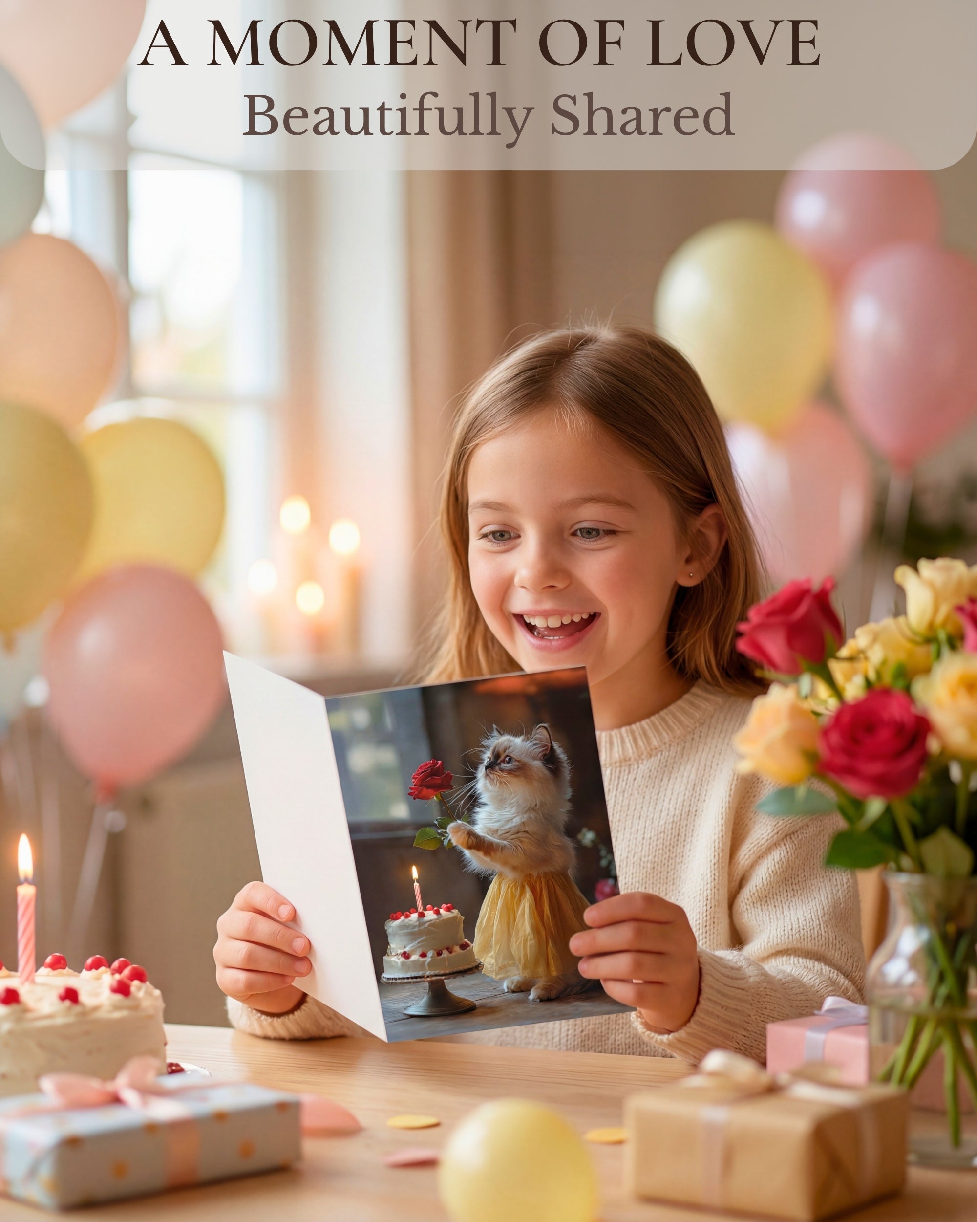 Happy Birthday Ragdoll Kitten Greeting Card Cute Cat in Dress with Cake and Rose – Blank Inside 5x7 Premium Card with Envelope – Made in USA by Pet-Friendly Business