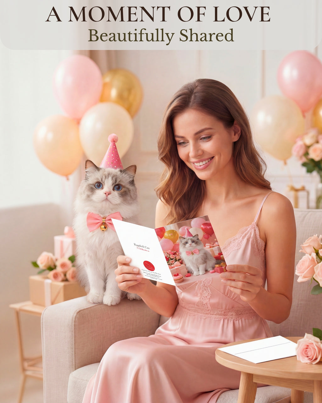 Ragdoll Cat Greeting Card with Roses – Romantic Cat Love Card for Valentine’s Day Anniversary Birthday Sweet Sixteen – Premium 5x7 Blank Card for Pet Lovers