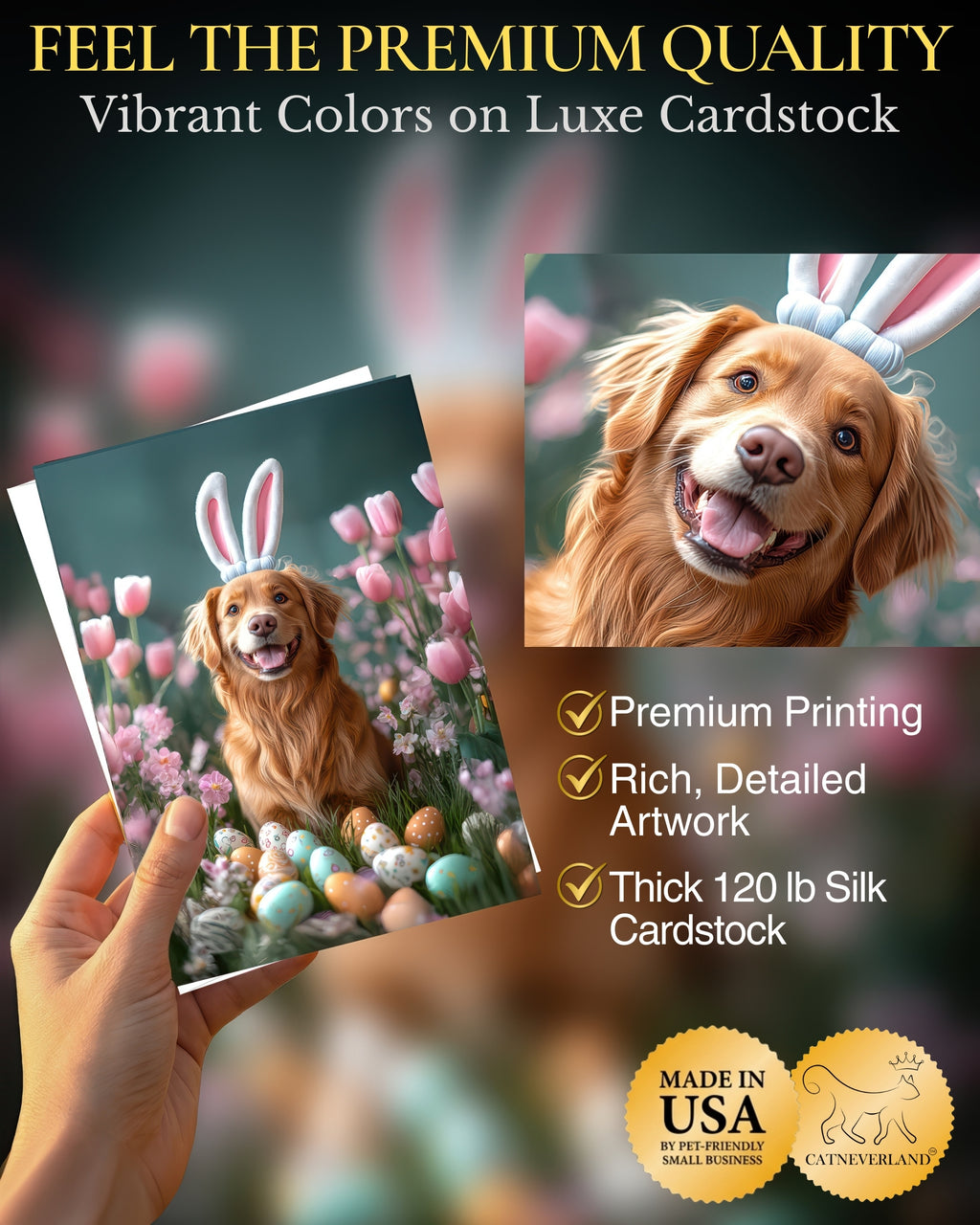 Golden Retriever Easter Greeting Card – Dog with Bunny Ears Surrounded by Easter Eggs and Spring Flowers Premium 5x7” Card with White Envelope Blank Inside Made in USA