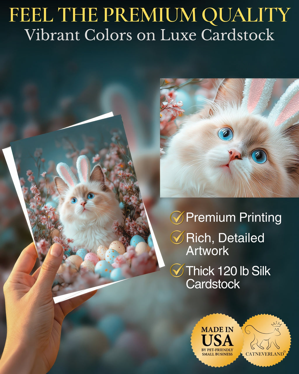 Ragdoll Cat Easter Greeting Card – Cute Cat with Bunny Ears Surrounded by Easter Eggs and Spring Flowers Premium 5x7” Card with White Envelope Blank Inside Made in USA