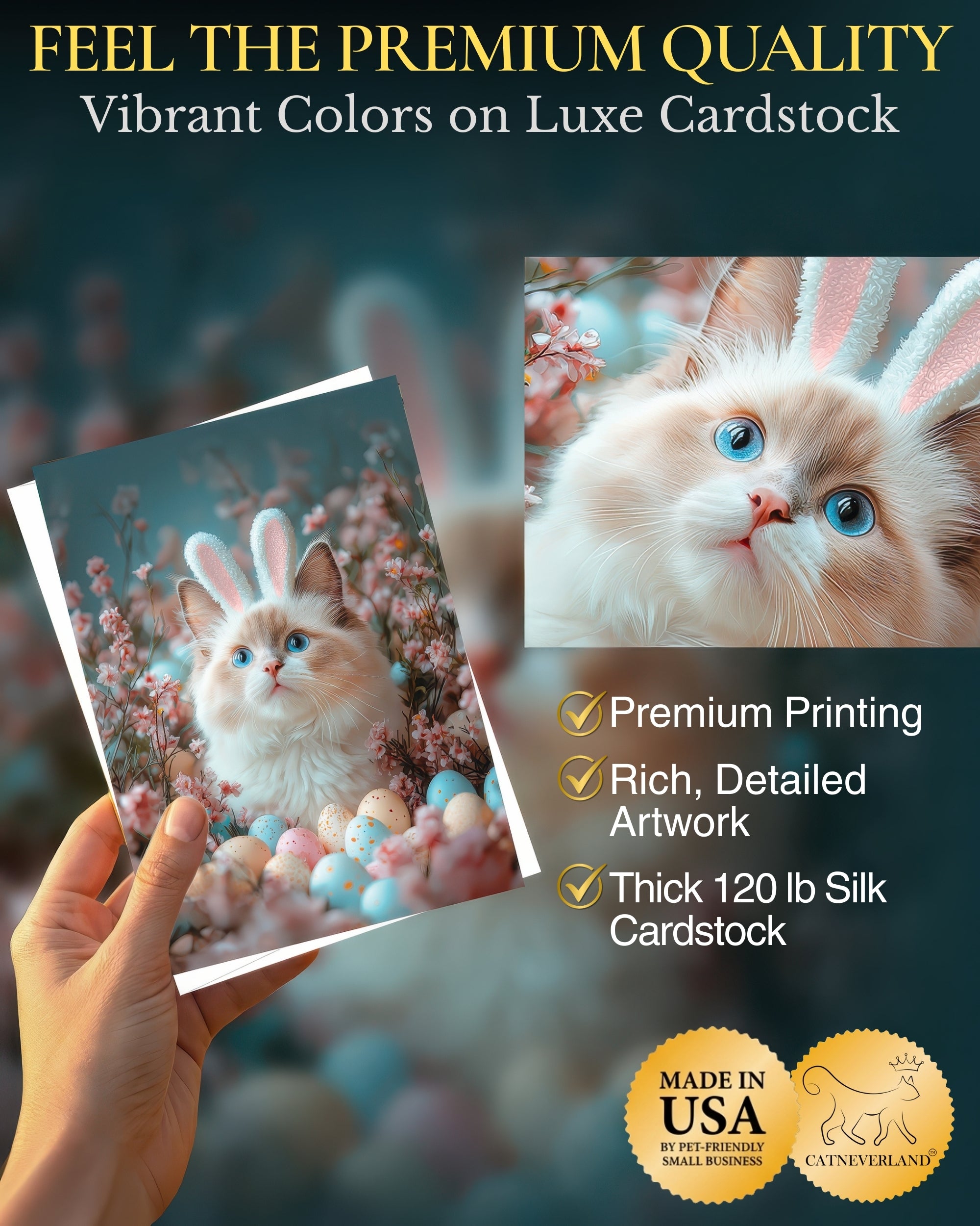 Ragdoll Cat Easter Greeting Card – Cute Cat with Bunny Ears Surrounded by Easter Eggs and Spring Flowers Premium 5x7” Card with White Envelope Blank Inside Made in USA