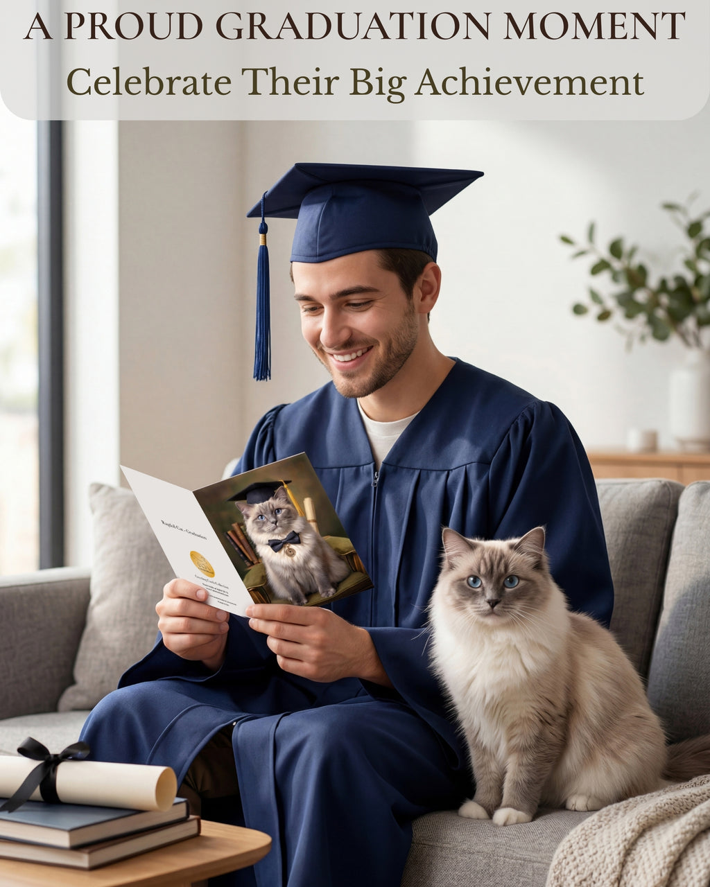 Ragdoll Cat Graduation Greeting Card 5x7” – Cute Cat in Cap & Bow Tie Congrats Card for Graduate – High School College Graduation Card with Envelope Blank Inside Made in USA
