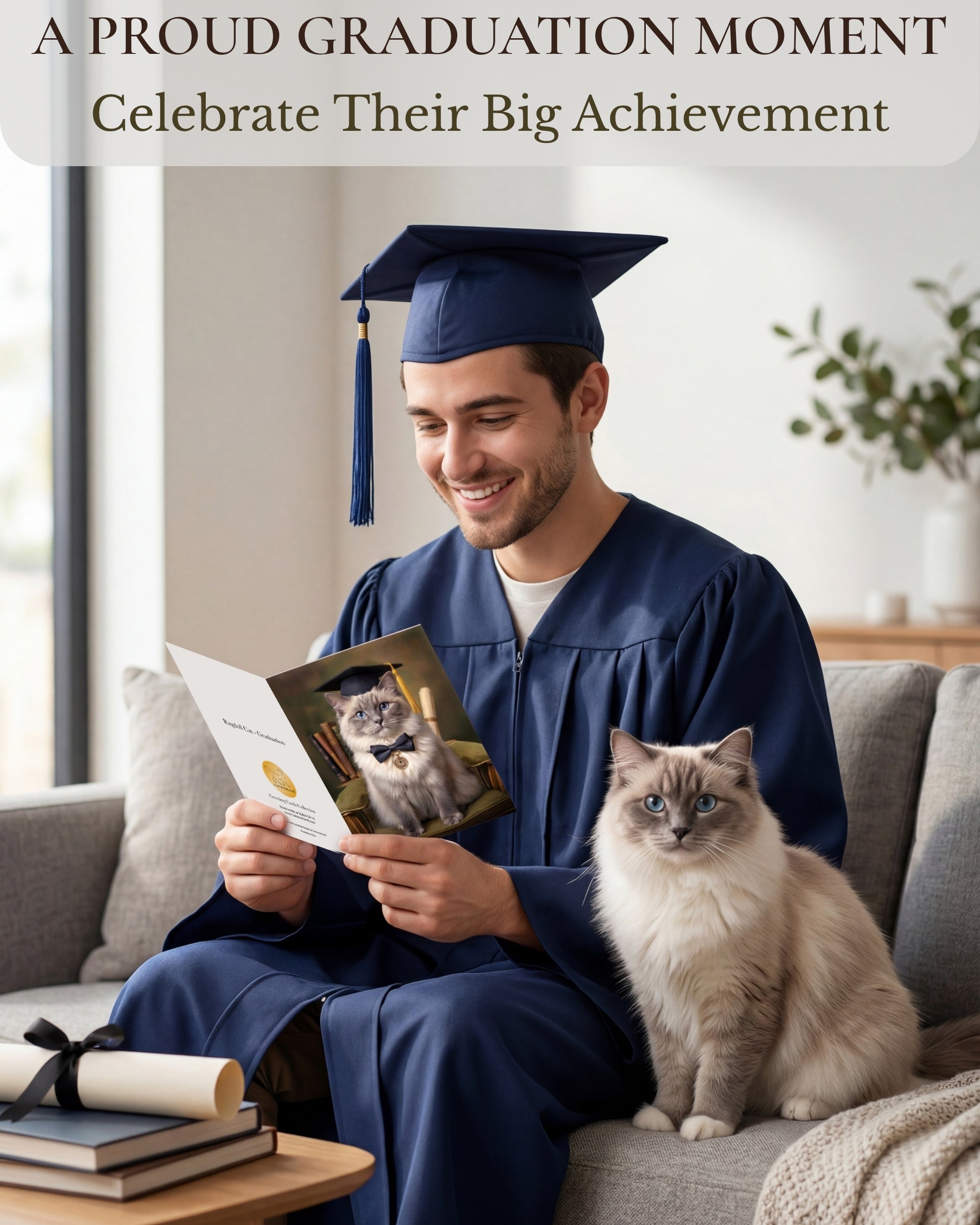 Ragdoll Cat Graduation Greeting Card 5x7” – Cute Cat in Cap & Bow Tie Congrats Card for Graduate – High School College Graduation Card with Envelope Blank Inside Made in USA