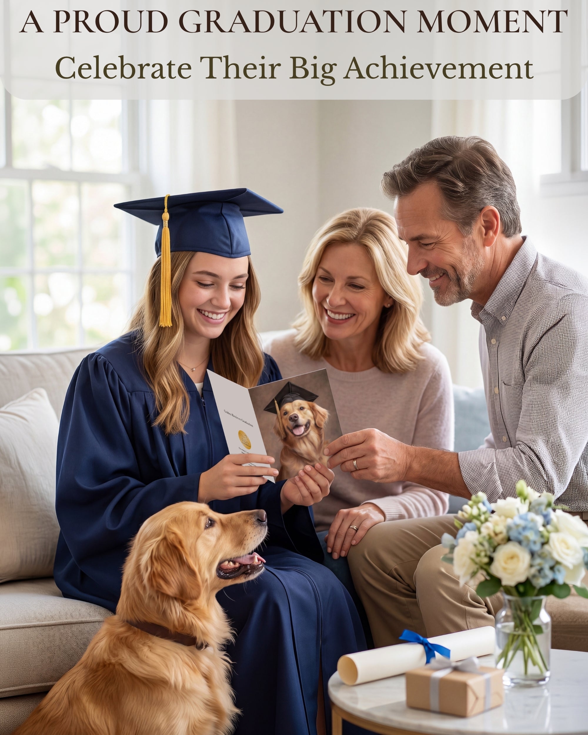 Golden Retriever Graduation Card – 5x7 Dog Greeting Card with White Envelope – Blank Inside – Pet Lover Gift – Made in USA – Frameable Keepsake