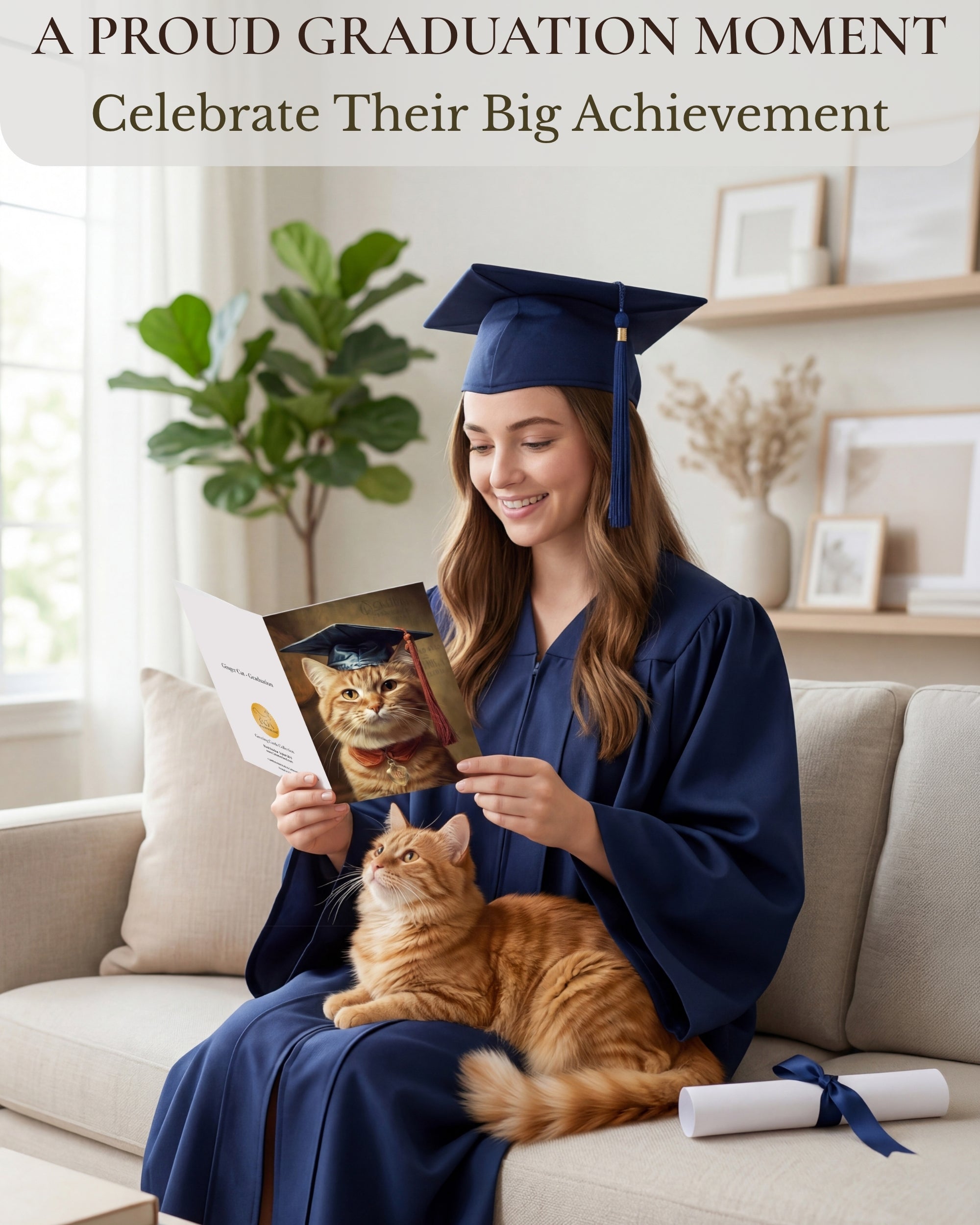 Ginger Cat Graduation Greeting Card from Unique Pets Party Delights Collection Large 5x7 Inch Blank Inside with Envelope made in USA