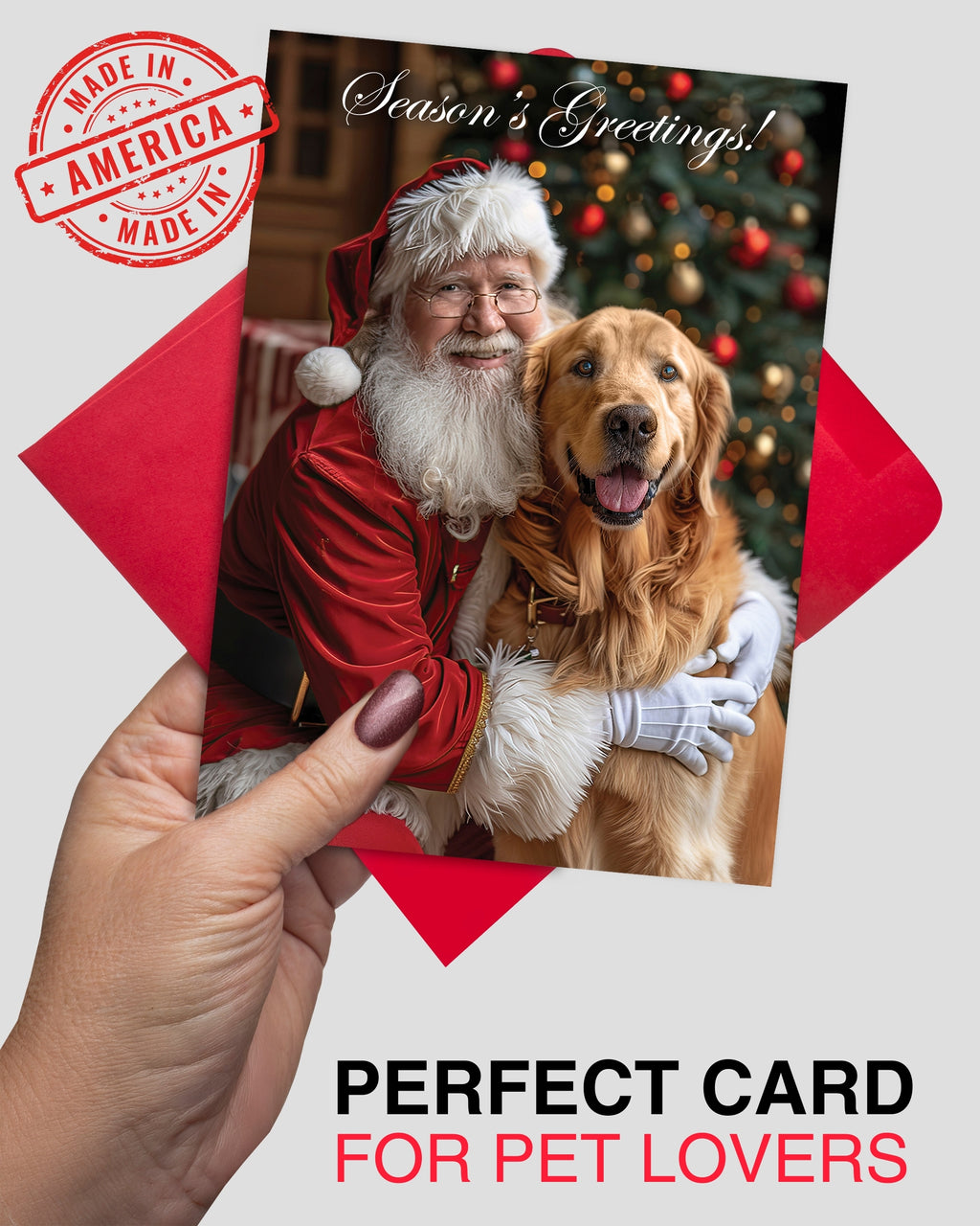Santa with Golden Retriever Holiday Christmas Greeting Card, Blank Inside, Premium Cardstock, Red Envelope, Unique Artwork, Made by Small Pet-Friendly Business in USA