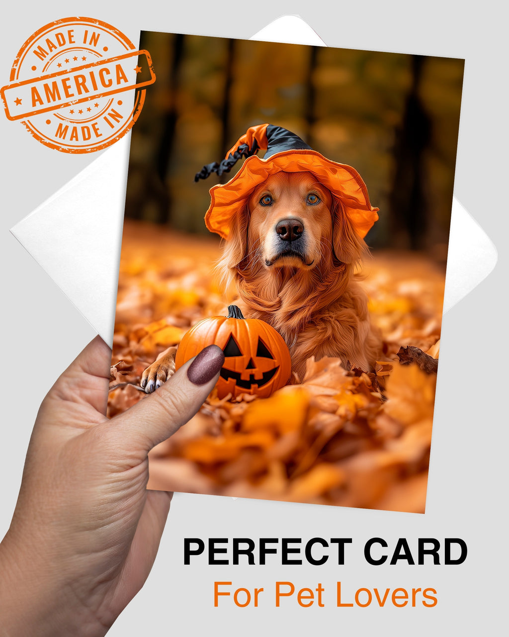 Golden Retriever Happy Halloween Greeting Card – Cute Dog in Costume with Pumpkin – Premium 5x7 Card with White Envelope – Pet Lovers Holiday Card – Made in USA