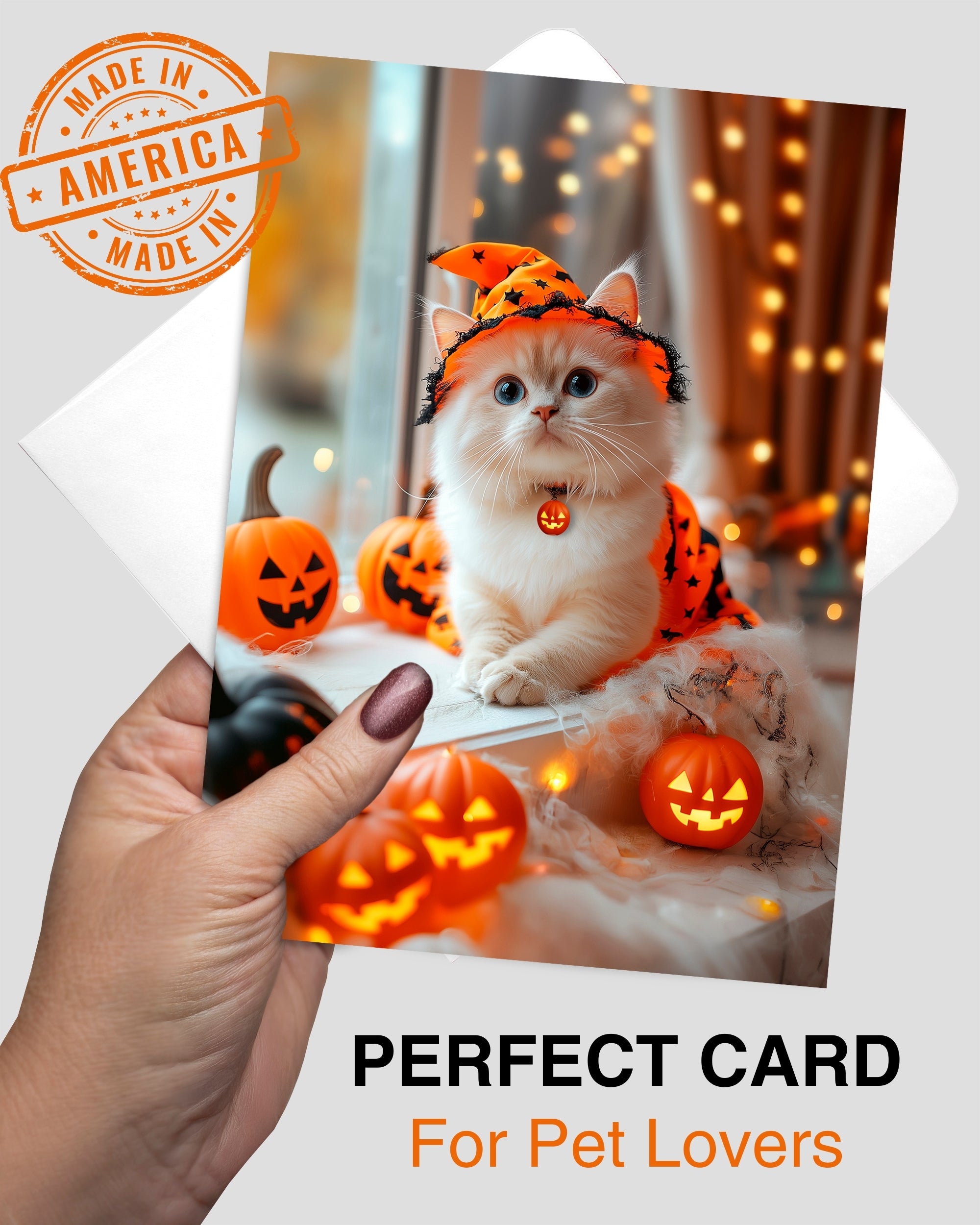Ragdoll Kitten Happy Halloween Greeting Card – Cute Cat in Costume with Pumpkins – Premium 5x7 Card with White Envelope – Pet Lovers Holiday Card – Made in USA
