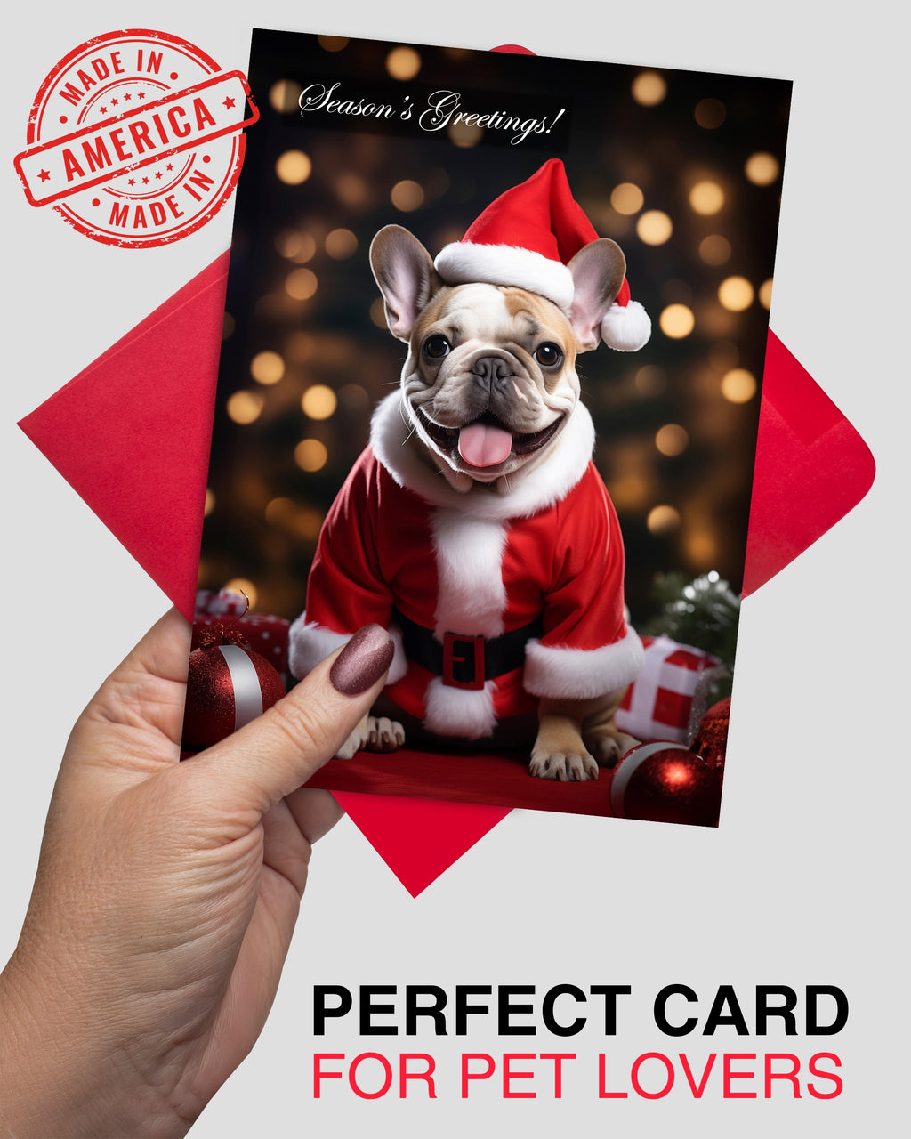 Festive French Bulldog Seasons Greetings Holiday Card - Unique Artwork from Dogs for Christmas Collection, Blank Inside, Premium Cardstock, Red Envelope, Made by Pet-Friendly Small Business in USA