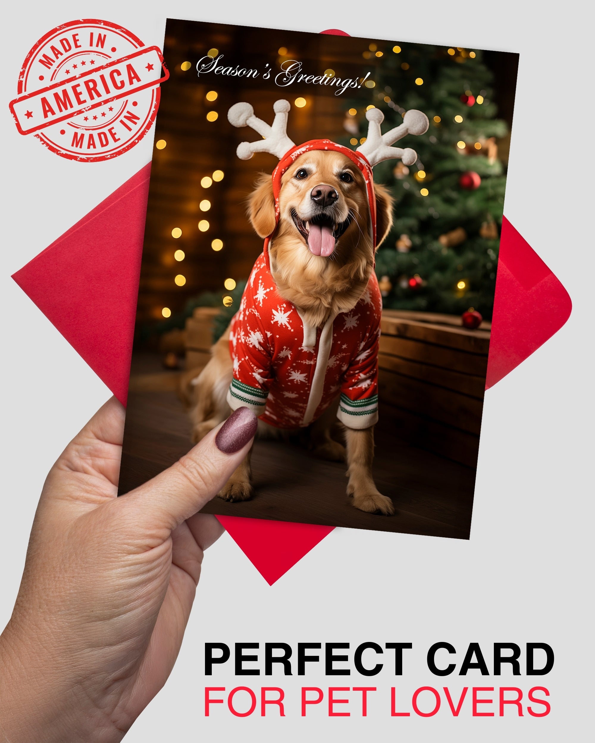 Charming Golden Retriever Reindeer Holiday Card from Dogs for Christmas Collection, Blank Inside, Premium Cardstock, Red Envelope, Made by Pet-Friendly Small Business in USA