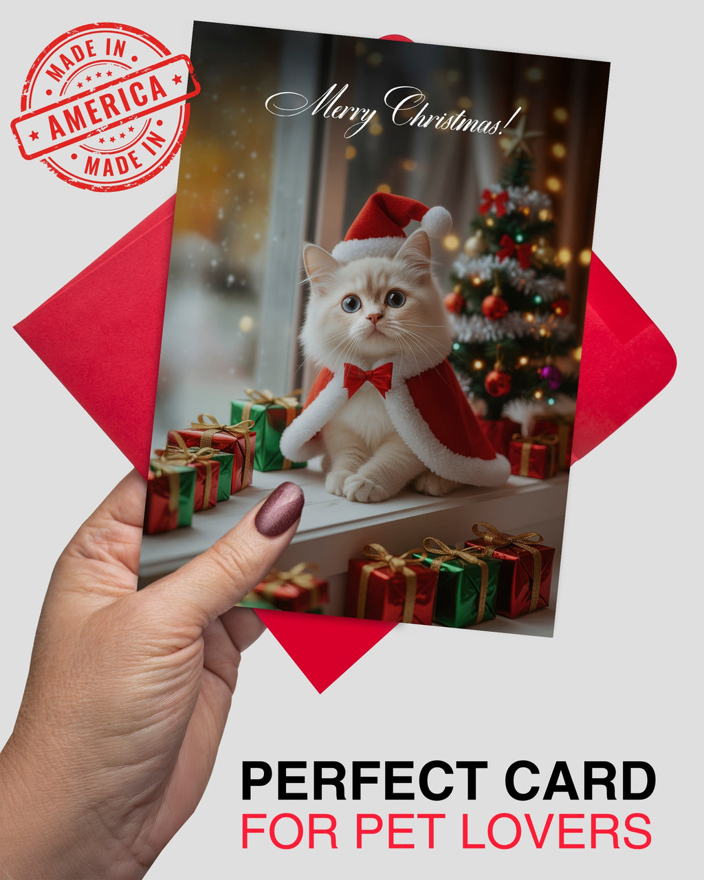 Ragdoll Kitten Christmas Greeting Card – Merry Christmas Cat Card for Pet Lovers, Blank Inside, 5x7” Premium Holiday Card with Red Envelope – Cute Cat Art, Made in USA by Pet-Friendly Small Business