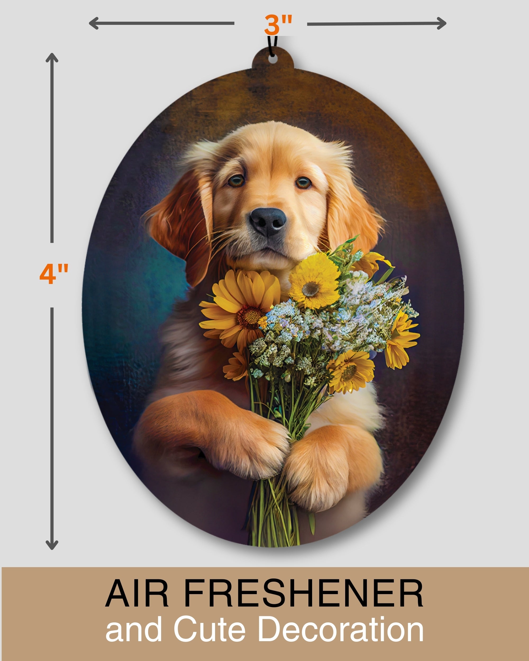 Golden Retriever - Dog Car Air Freshener - Cute Hanging Dog With Flowers Decor Black Ice Scent, Infusible with Your Own Scent, Pet Safe, Non-Toxic, Freshener for Car, Closet, Office Size - 3x4"