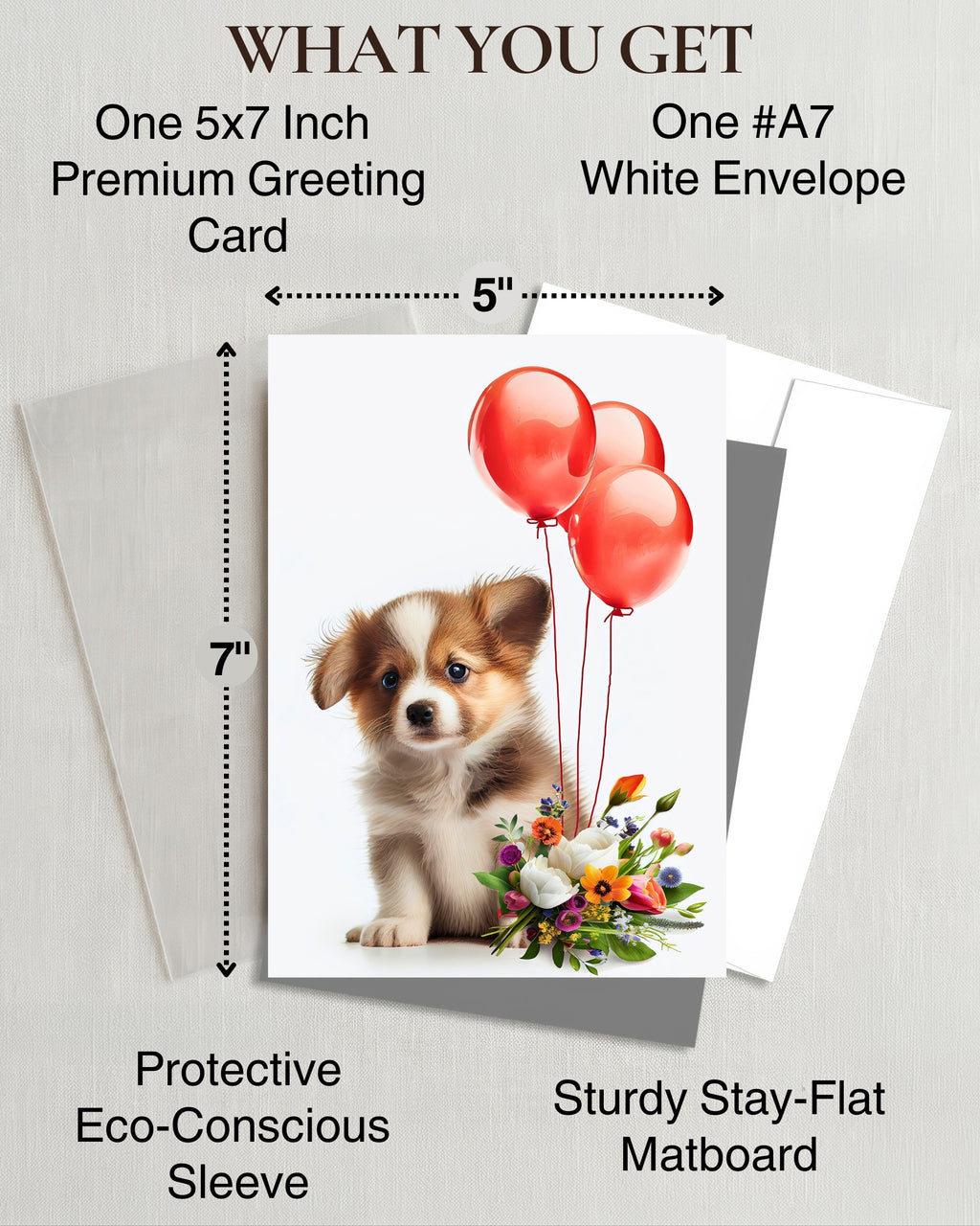 Puppy with Red Balloons and Flowers All Occasions Greeting Card from Unique Dogs Party Delights Collection Large 5x7 Inch Blank Inside with Envelope