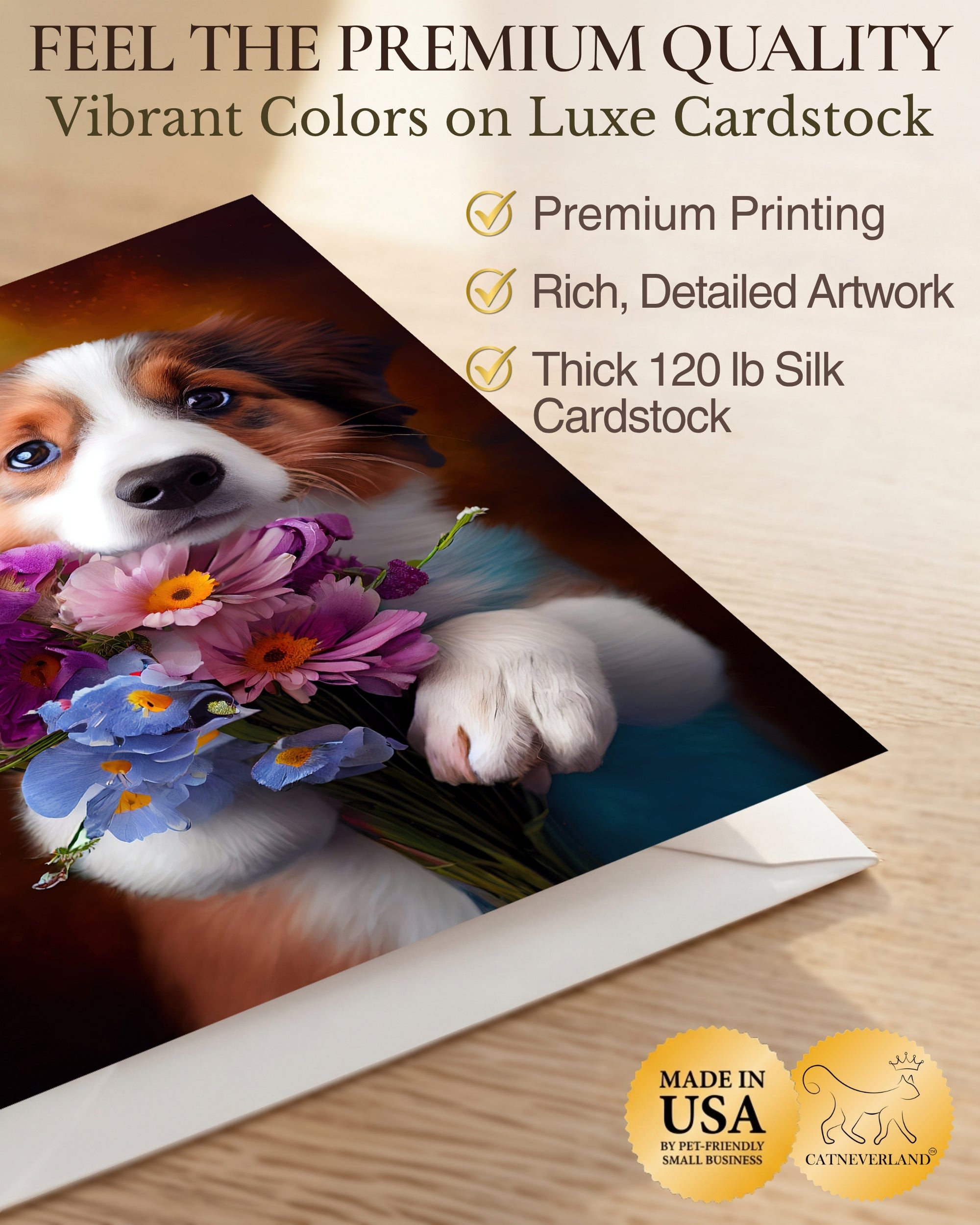 Australian Shepherd with Flowers All Occasions Greeting Card from Unique Dogs Party Delights Collection Large 5x7 Inch Blank Inside with White Envelope