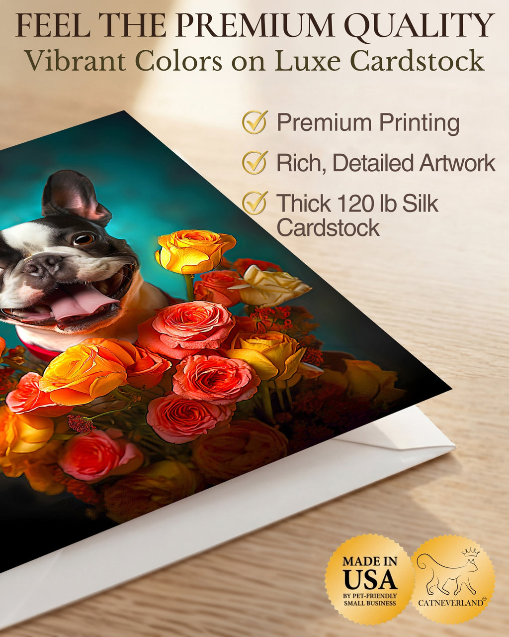Boston Terrier with Flowers All Occasions Greeting Card from Unique Dog Party Delights Collection Large 5x7 Inch Blank Inside with White Envelope