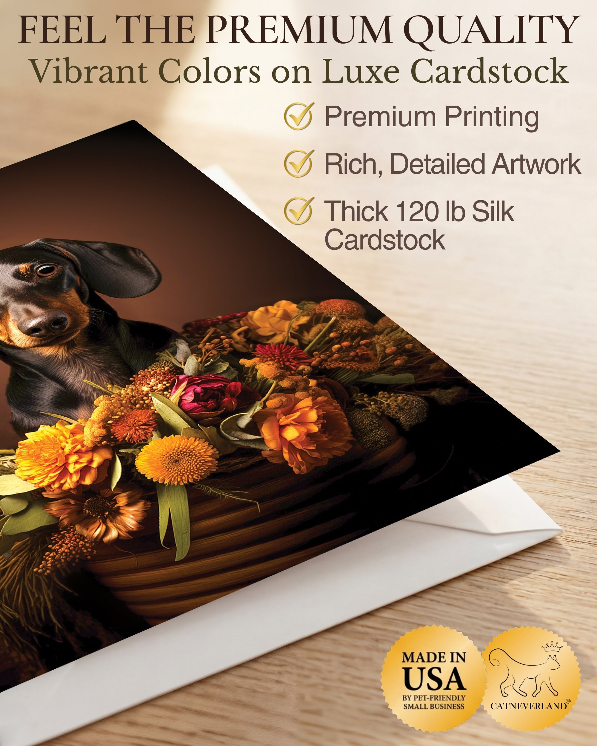Dachshund with Flowers All Occasions Greeting Card from Unique Dogs Party Delights Collection Large 5x7 Inch Blank Inside with White Envelope