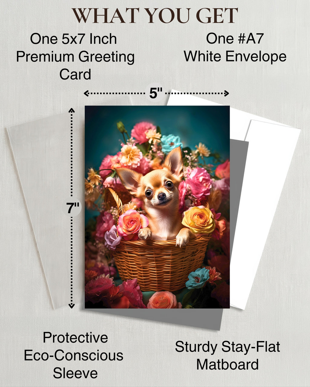 Chihuahua with Flowers All Occasions Greeting Card from Unique Dogs Party Delights Collection Large 5x7 Inch Blank Inside with Envelope
