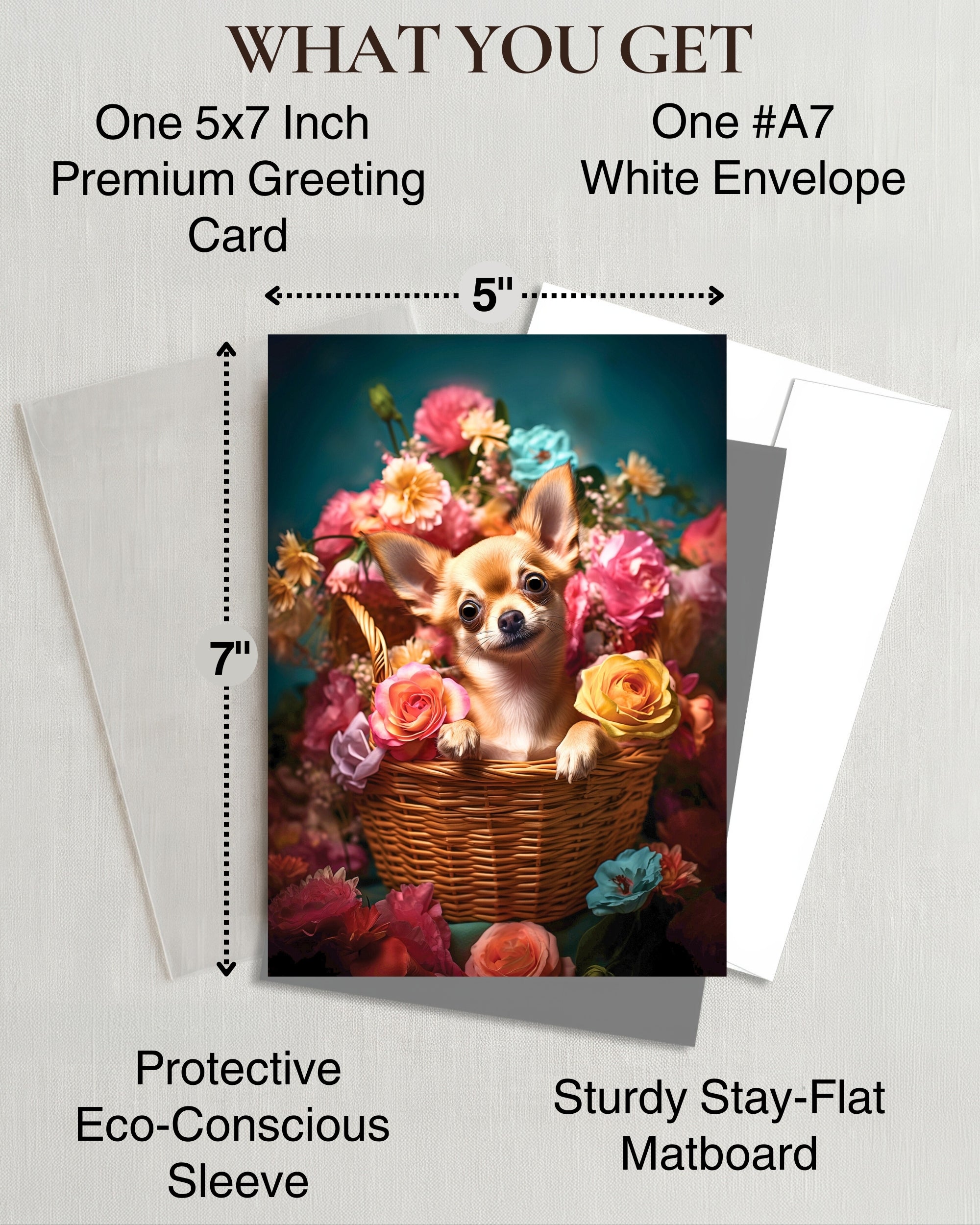 Chihuahua with Flowers All Occasions Greeting Card from Unique Dogs Party Delights Collection Large 5x7 Inch Blank Inside with Envelope