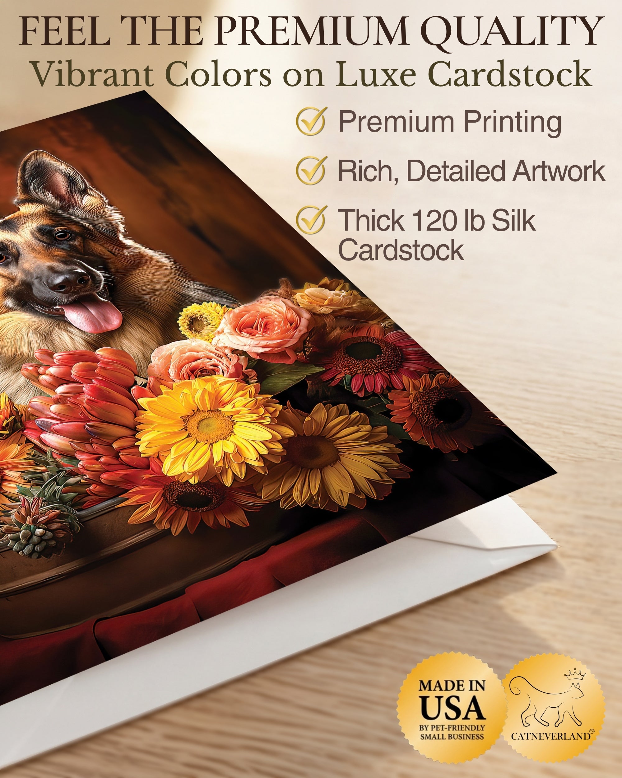 German Shepherd with Flowers All Occasions Greeting Card from Unique Dogs Party Delights Collection Large 5x7 Inch Blank Inside with White Envelope