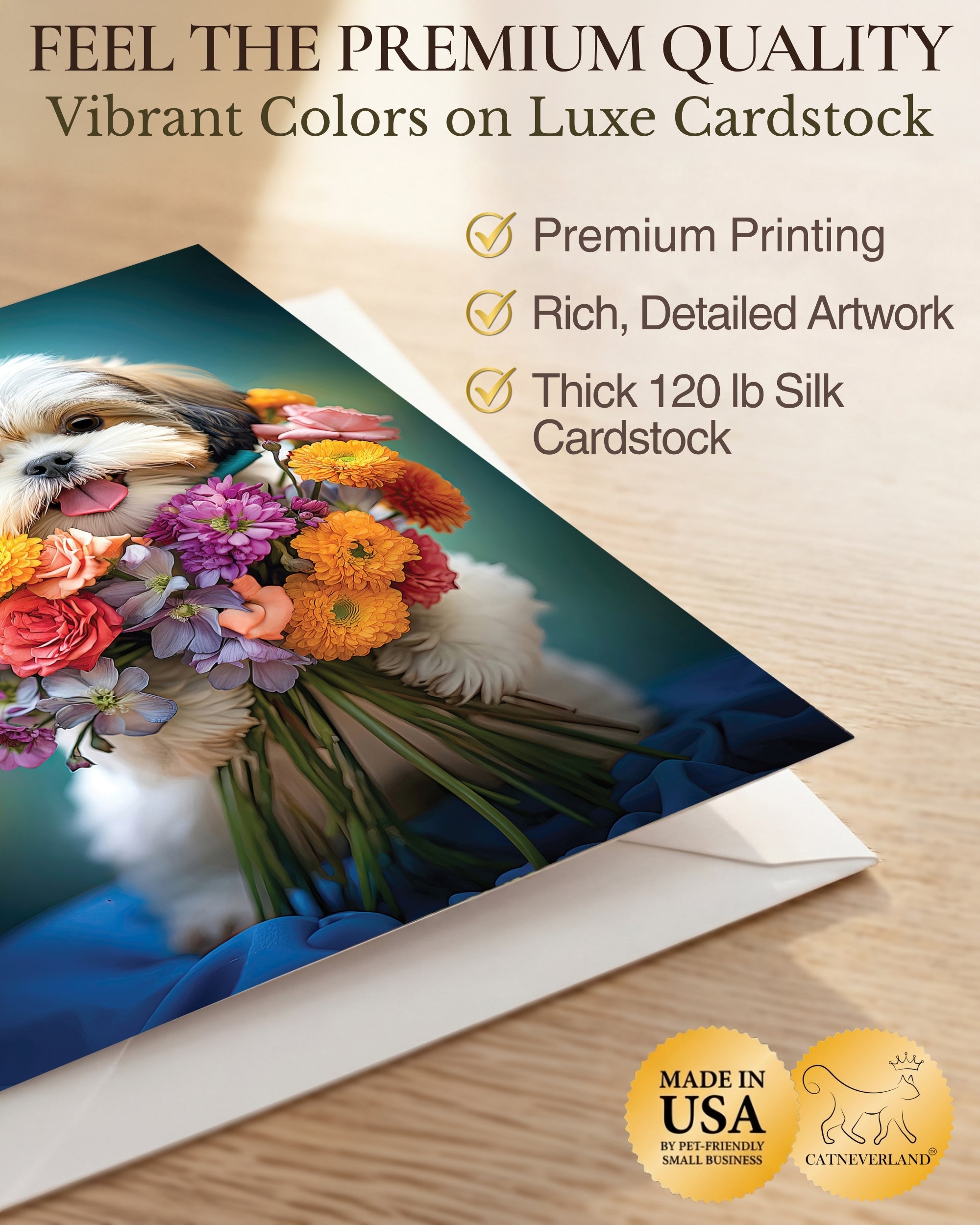 Shih Tzu with Flower All Occasions Greeting Card - 5x7 Inch, Collection Dogs with Flowers, Premium Cardstock, Blank Inside, White A7 Envelope, Eco-Friendly