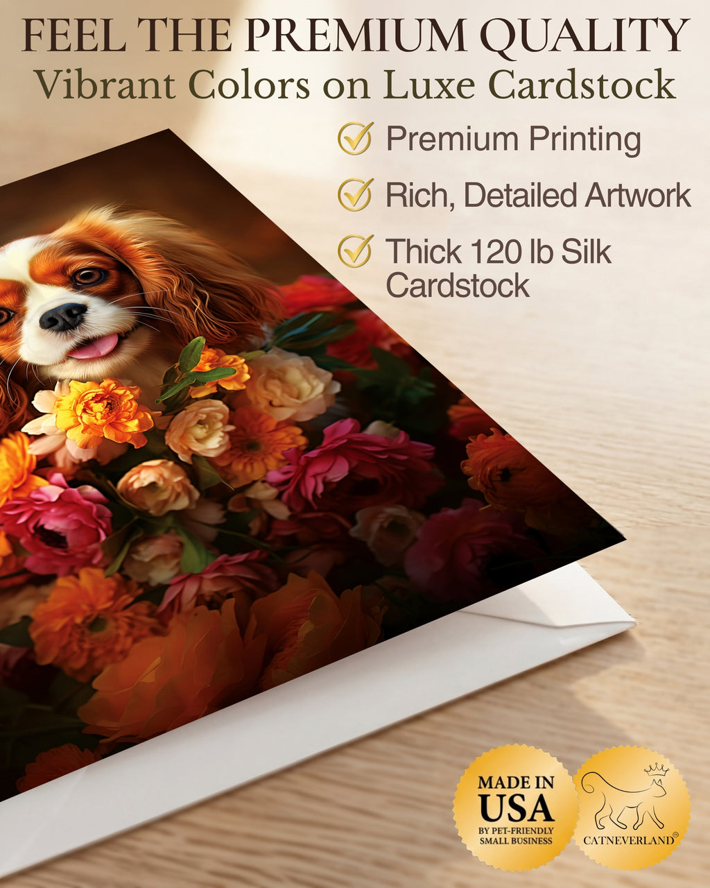Cavalier King Charles Spaniel with Flowers All Occasions Greeting Card - Dog with Flowers from Unique Dogs Party Delights Collection - Large 5x7 Inch - Blank Inside with A7 Invitation Style White