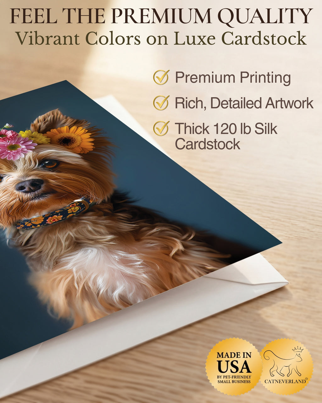 Yorkshire Terrier with Flower Crown All Occasions Greeting Card from Unique Dogs Party Delights Collection Large 5x7 Inch Blank Inside with Envelope
