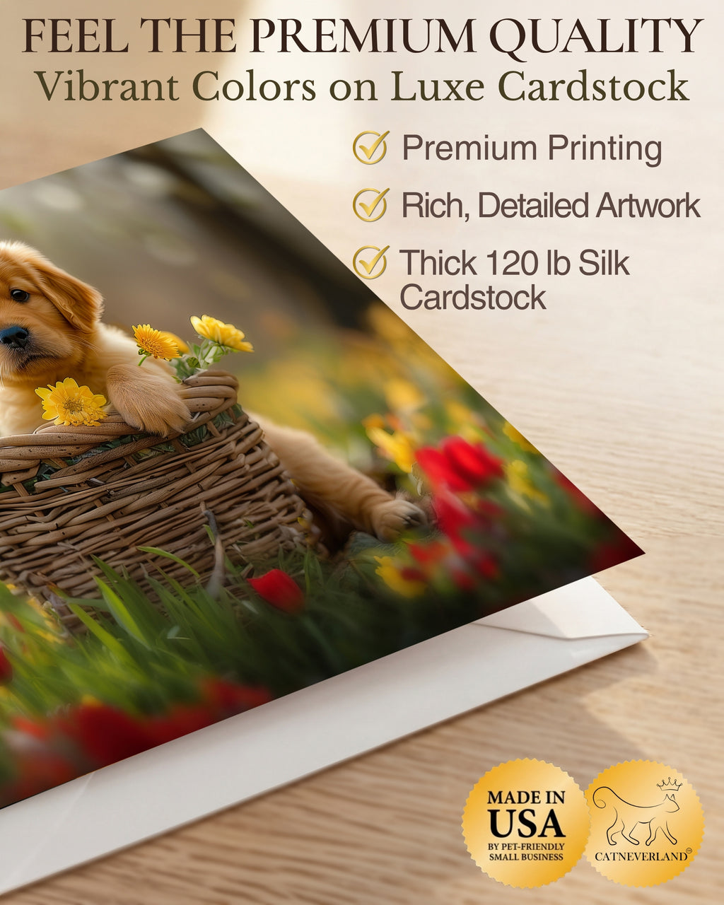 Golden Retriever Puppy All Occasions Greeting Card - Dog with Flowers from Unique Dogs Party Delights Collection - Large 5x7 Inch - Blank Inside with White Envelope