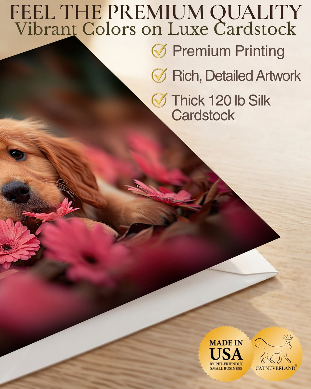 Golden Retriever Puppy with Pink Flowers All Occasions Greeting Card from Unique Dogs Party Delights Collection Large 5x7 Inch Blank Inside with Envelope