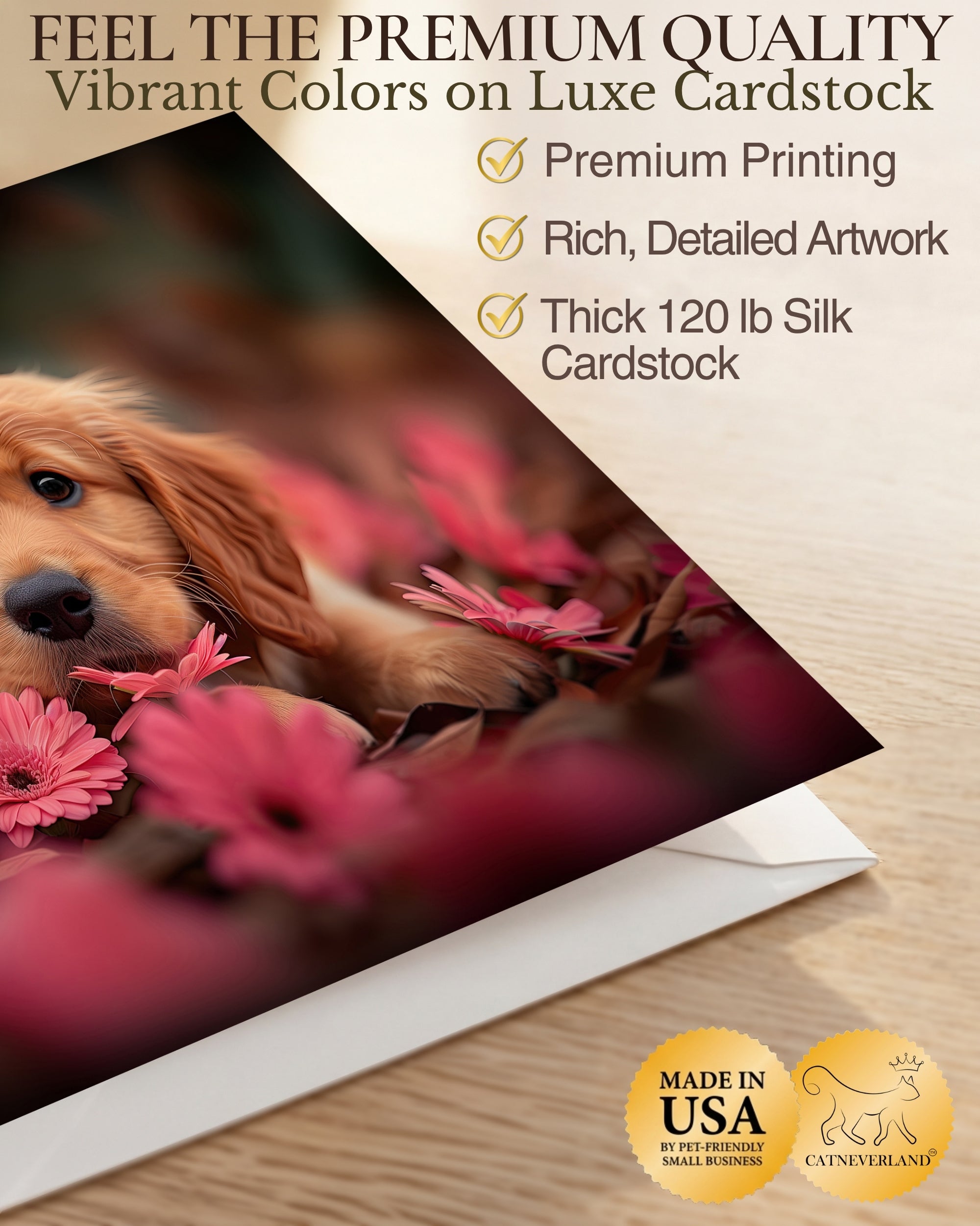 Golden Retriever Puppy with Pink Flowers All Occasions Greeting Card from Unique Dogs Party Delights Collection Large 5x7 Inch Blank Inside with Envelope