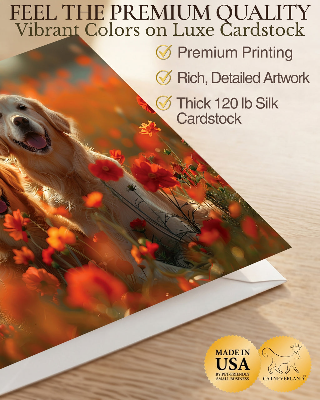Golden Retrievers in Flower Garden All Occasions Greeting Card from Unique Dogs Party Delights Collection Large 5x7 Inch Blank Inside with Envelope