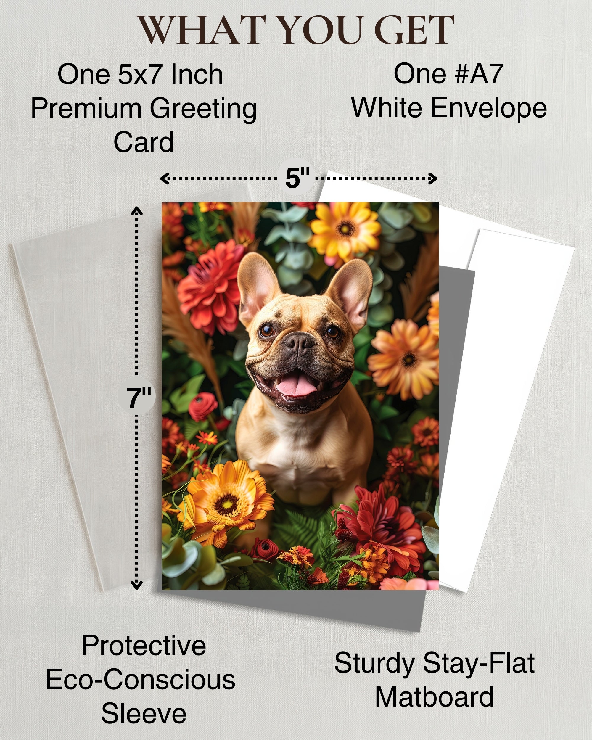 French Bulldog with Flowers All Occasions Greeting Card - Dog with Flowers from Unique Dogs Party Delights Collection - Large 5x7 Inch - Blank Inside with White Envelope