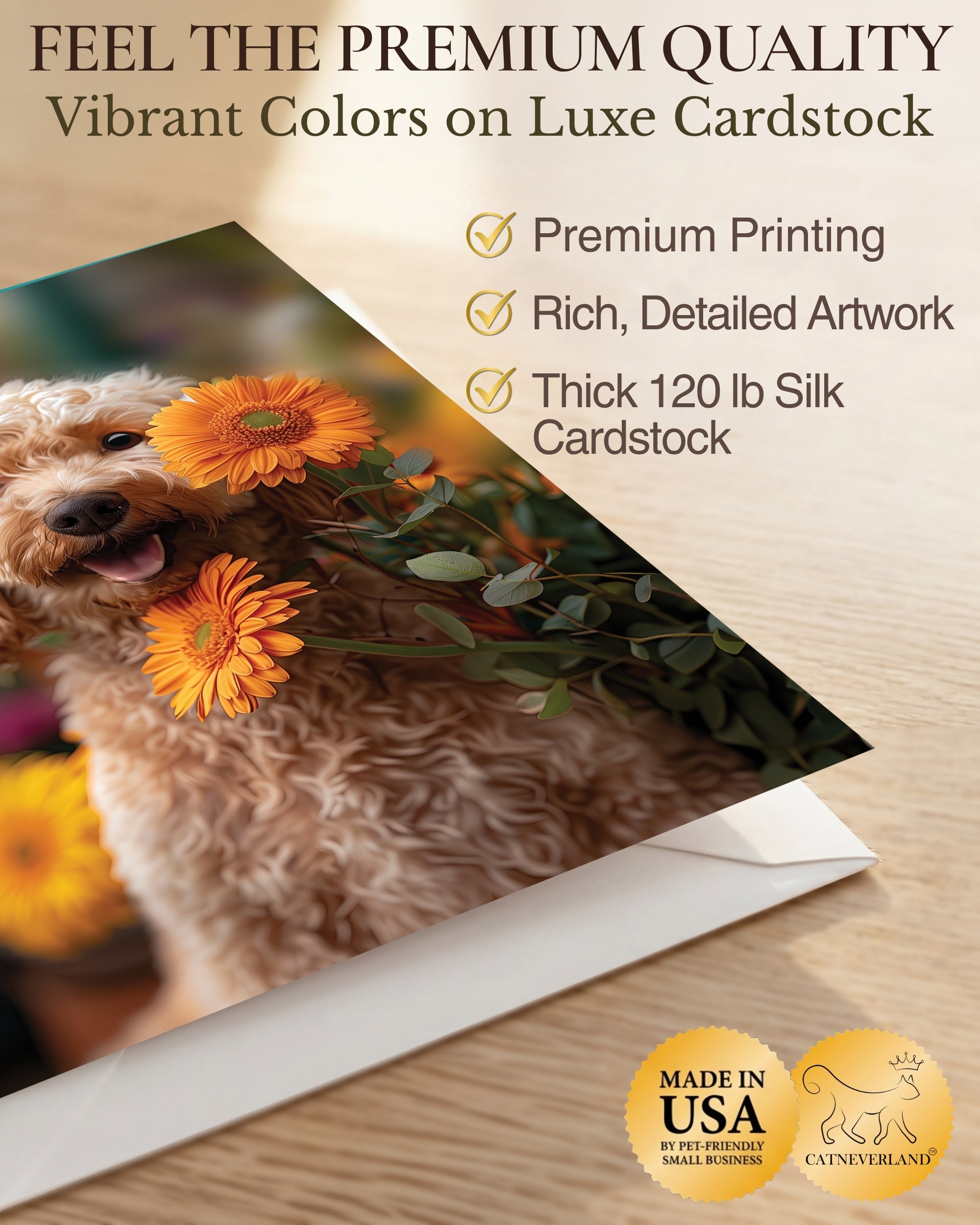 Goldendoodle with Orange Flowers All Occasions Greeting Card from Unique Dogs Party Delights Collection Large 5x7 Inch Blank Inside with Envelope