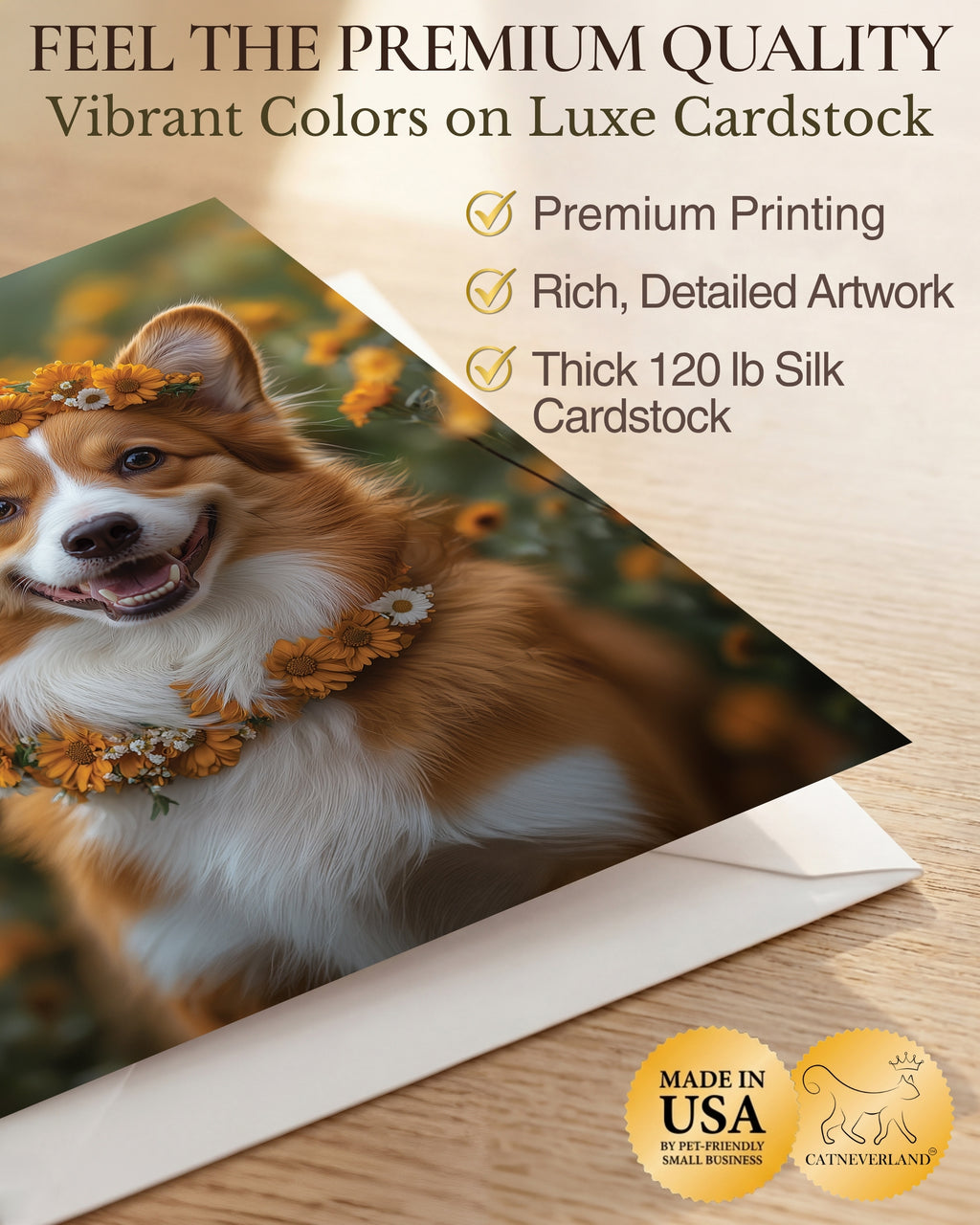 Charming Corgi with Flowers Greeting Card - Blank Inside for Personalized Messages, Premium Cardstock, Invitation Style White Envelope, Unique Artwork, Made by Small Business in USA