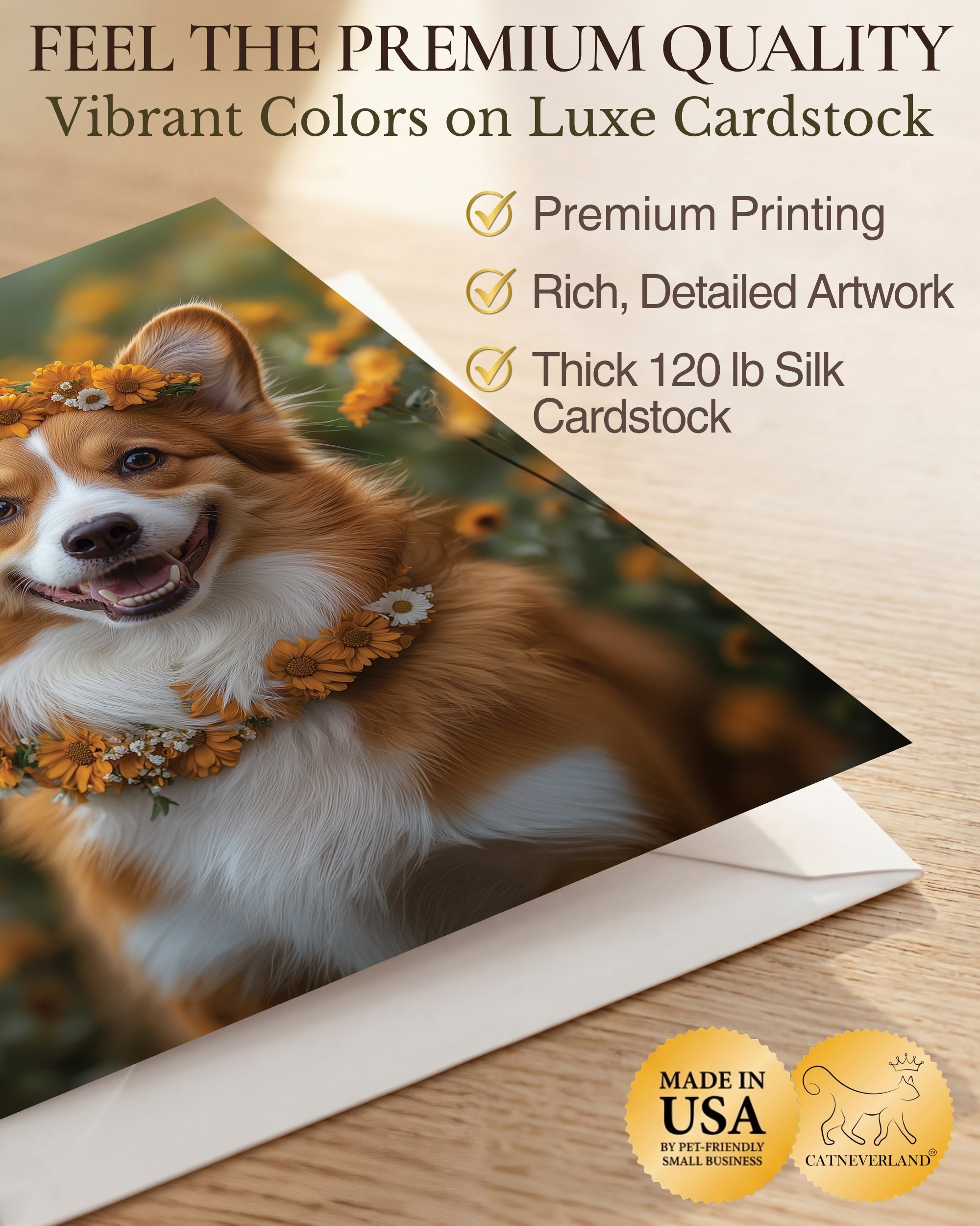 Charming Corgi with Flowers Greeting Card - Blank Inside for Personalized Messages, Premium Cardstock, Invitation Style White Envelope, Unique Artwork, Made by Small Business in USA