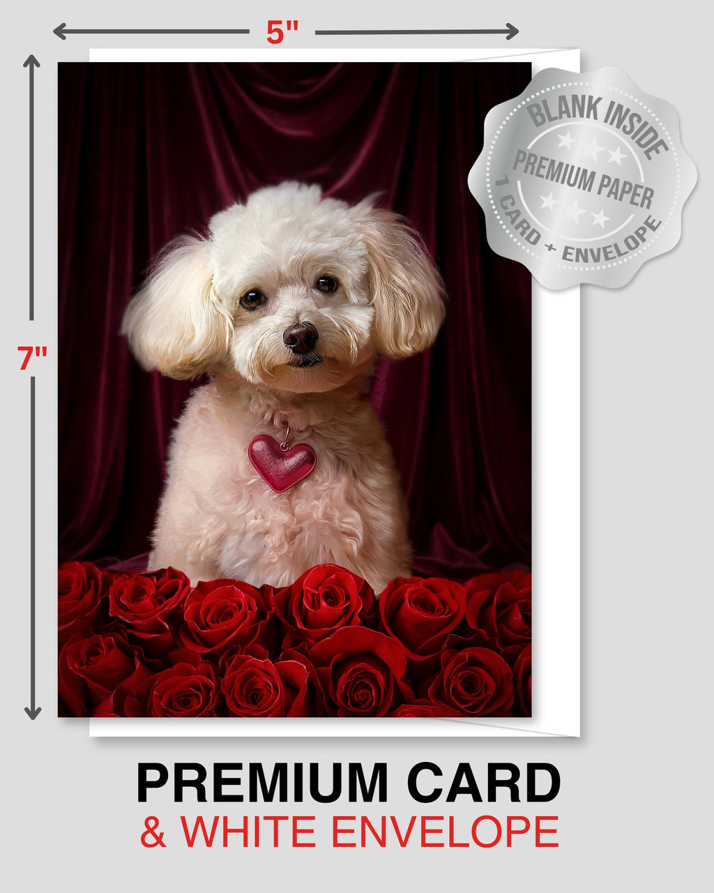White Poodle with Roses Greeting Card for Anniversary, Birthday, Sweet Sixteen, Mother's Day & Valentines Day – Elegant Dog Lover Card, Blank Inside, Premium 5x7 Card with Red Envelope, Made in USA, Celebrate Collection