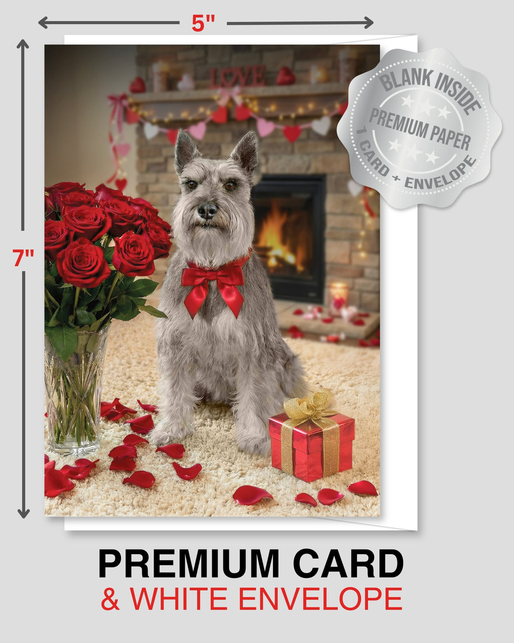 Miniature Schnauzer Valentine’s Day Greeting Card 5x7 – Romantic Dog Card for Anniversary Birthday Sweet Sixteen – Blank Inside, Premium Paper, Celebrate Collection, Made in USA