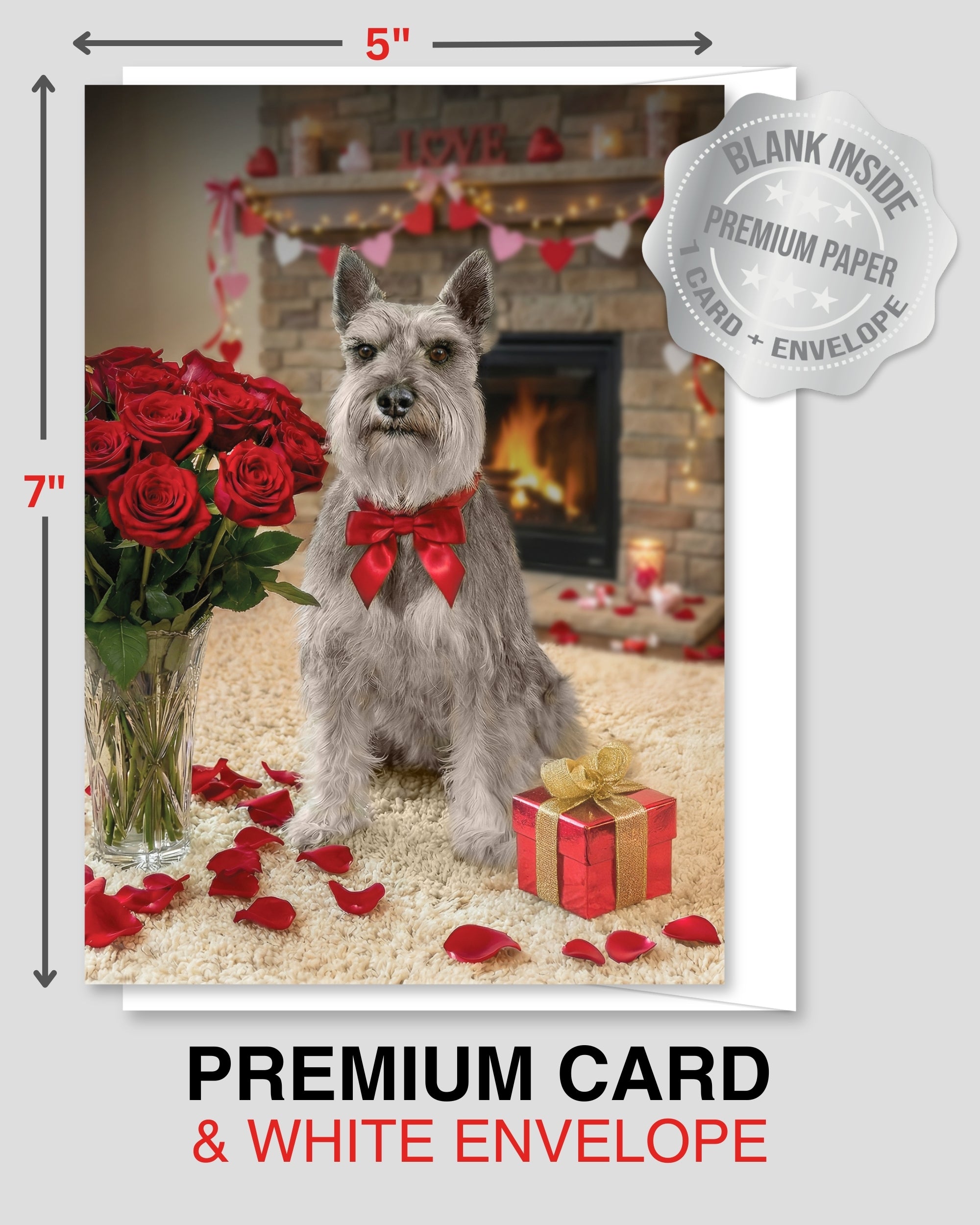 Miniature Schnauzer Valentine’s Day Greeting Card 5x7 – Romantic Dog Card for Anniversary Birthday Sweet Sixteen – Blank Inside, Premium Paper, Celebrate Collection, Made in USA