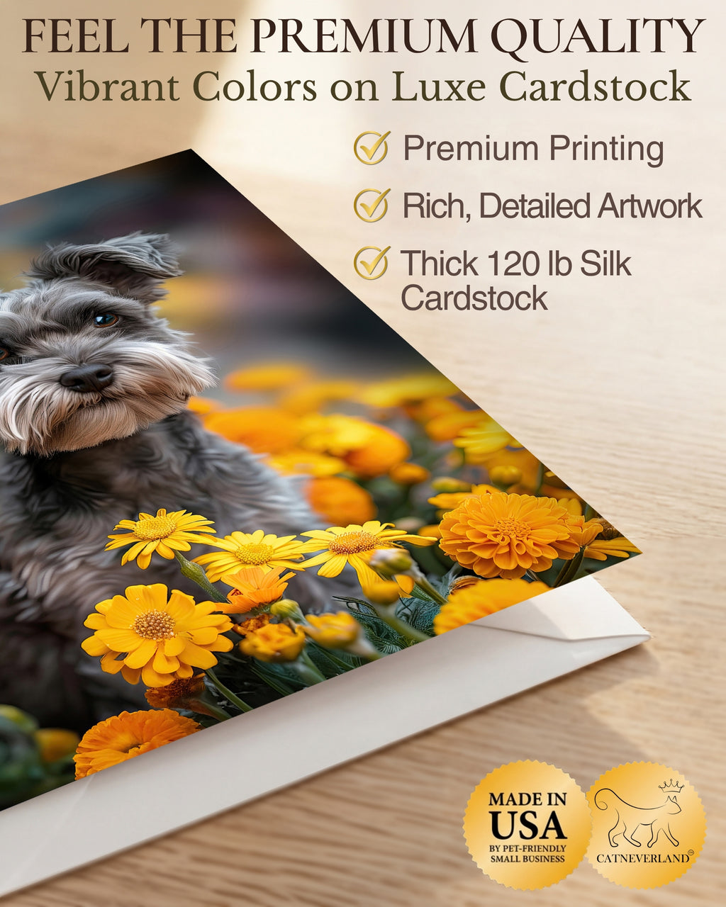 Schnauzer with Yellow Flowers All Occasions Greeting Card from Unique Dogs Party Delights Collection Large 5x7 Inch Blank Inside with Envelope