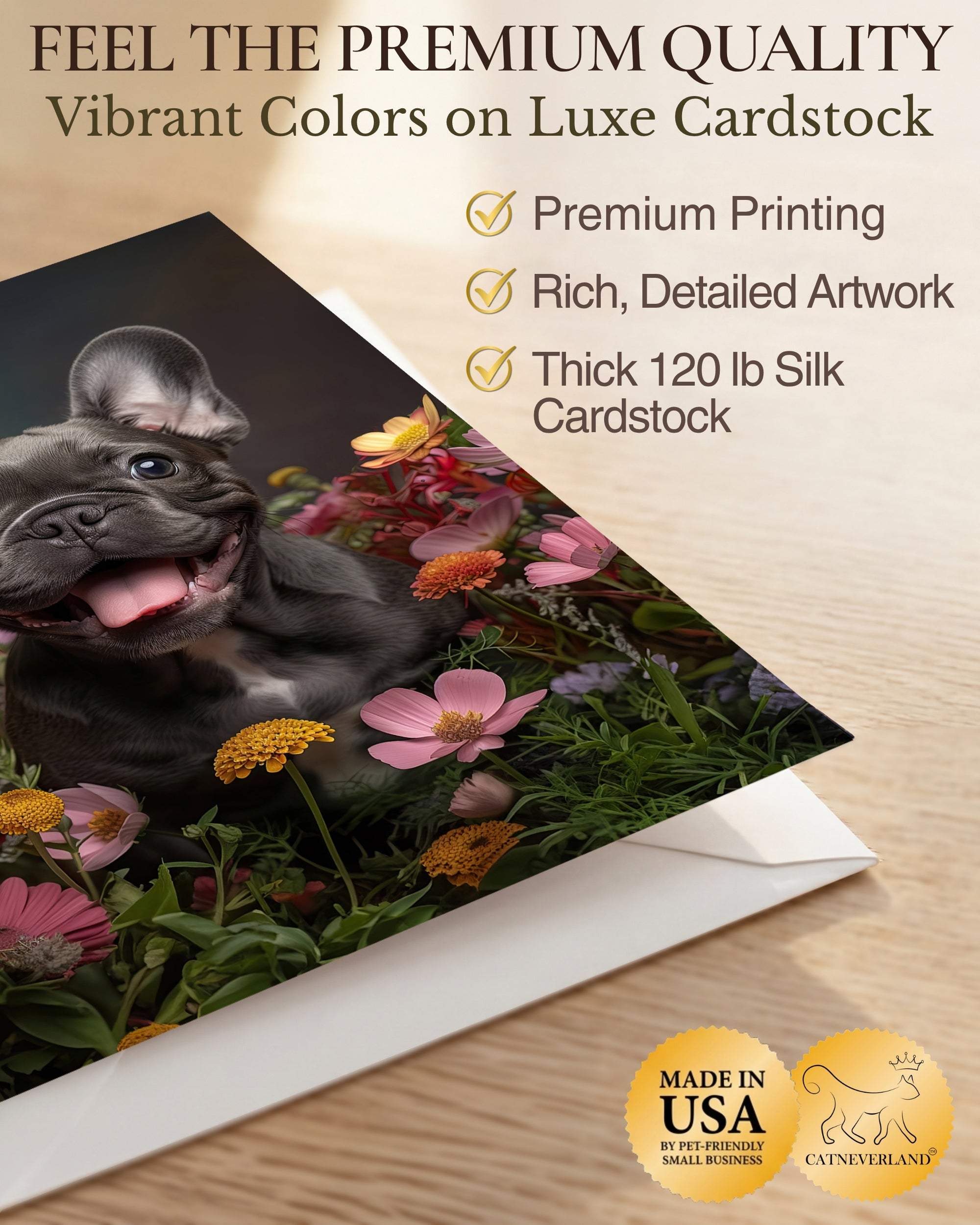 French Bulldog Puppy with Flowers All Occasions Greeting Card - Dog with Flowers from Unique Dogs Party Delights Collection - Large 5x7 Inch - Blank Inside with Invitation Style White Envelope